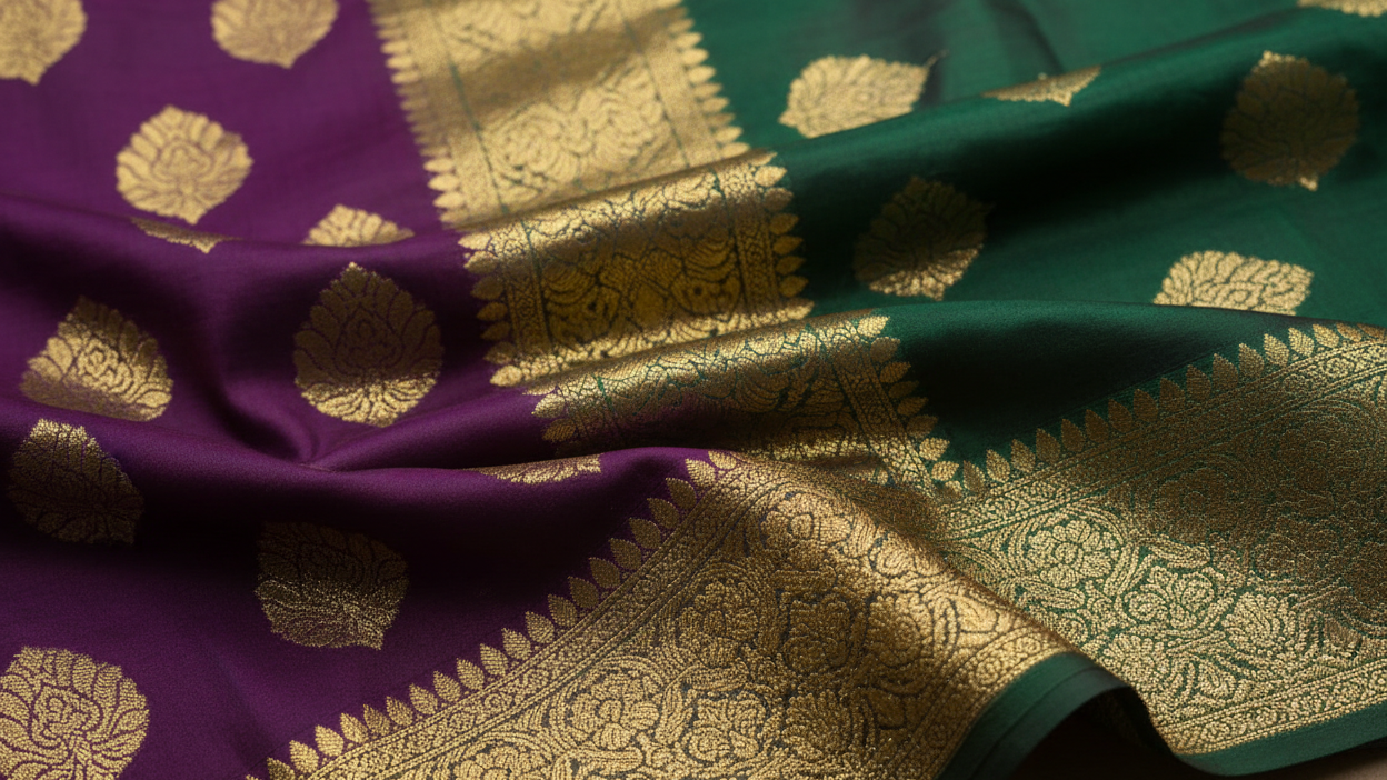 Kanjeevaram Silk Fabric with Gold Zari Weaving | Tulsiya