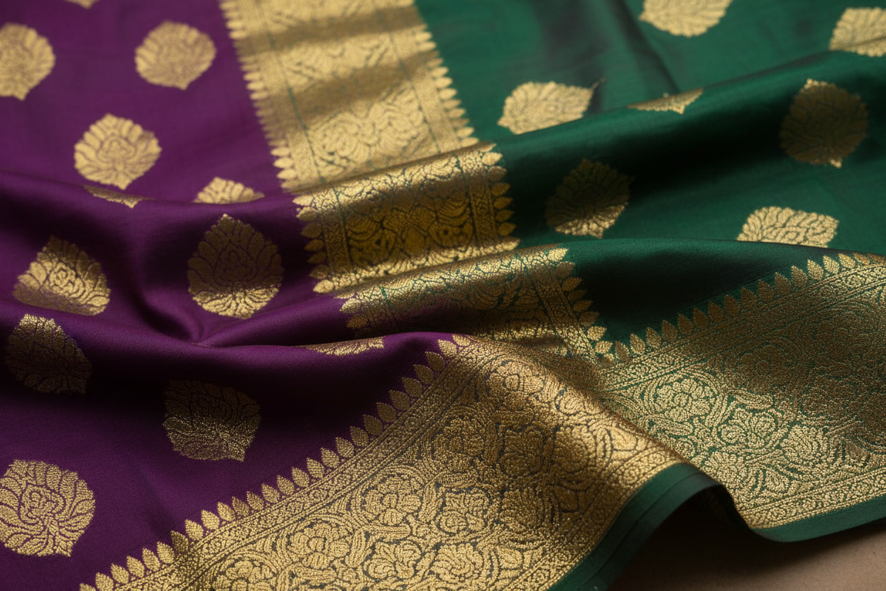 Kanjeevaram Silk Fabric with Gold Zari Weaving | Tulsiya