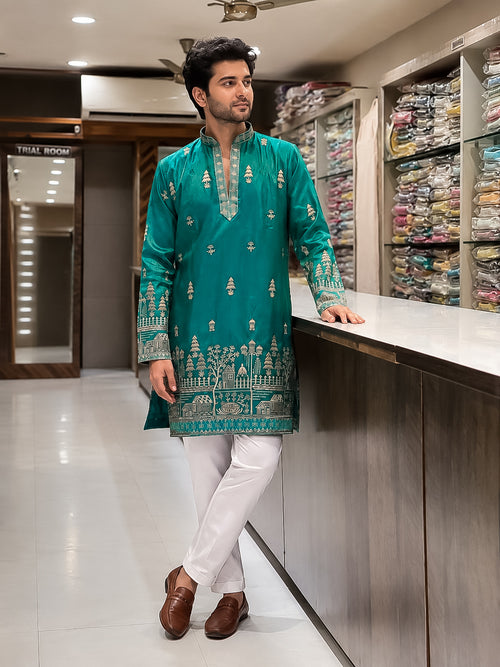 Teal Green Tissue Silk Heavy Embroidered Kurta for Men