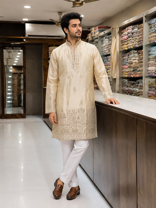 Cream Tissue Silk Heavy Embroidered Kurta for Men