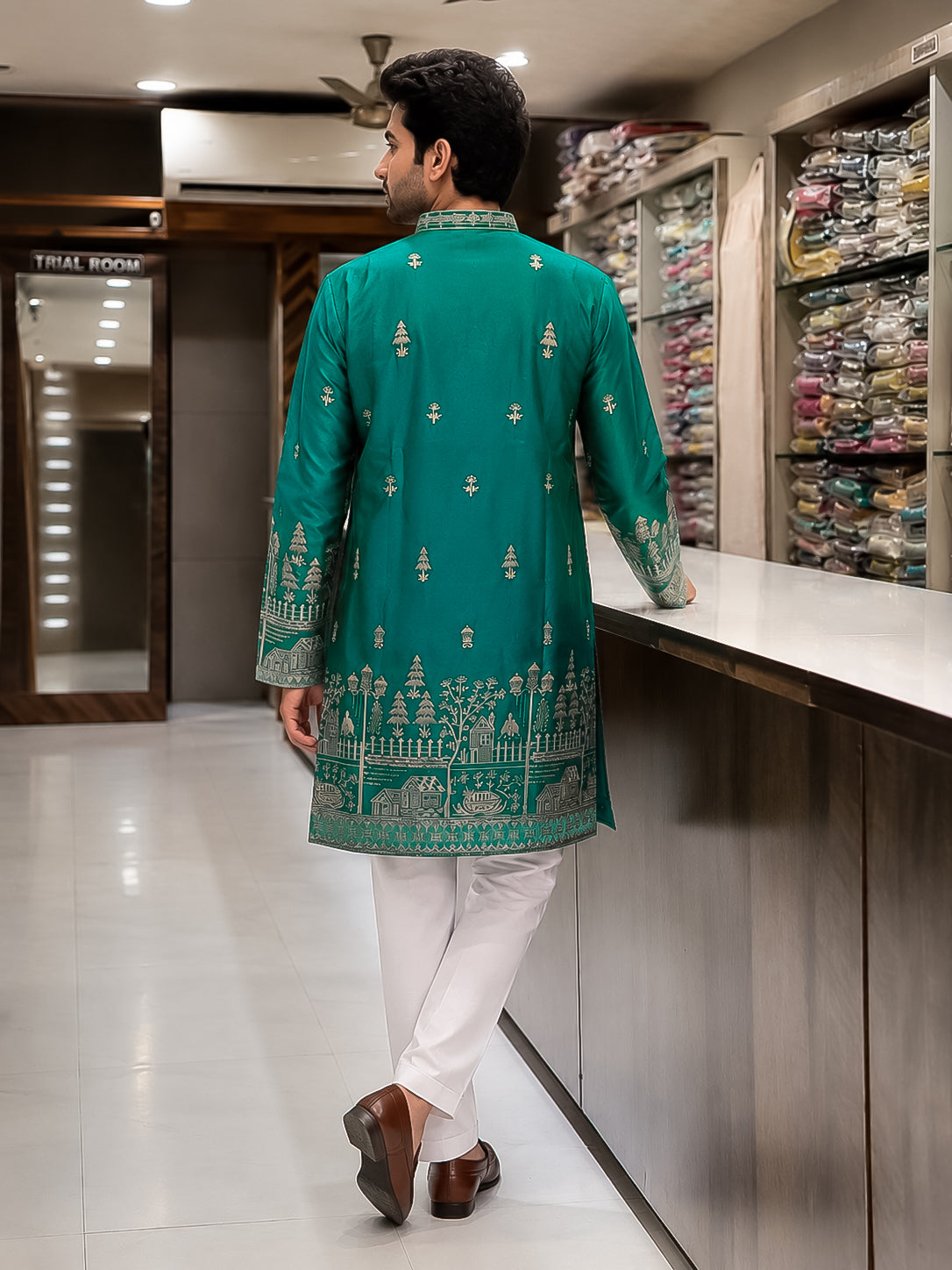 Teal Green Tissue Silk Heavy Embroidered Kurta for Men