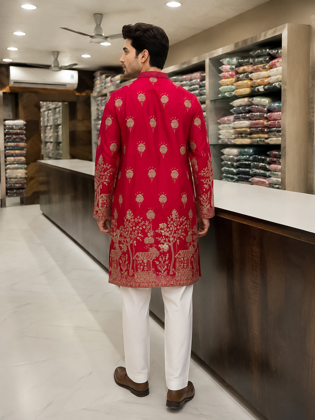 Coral Pink Silk Heavy Embroidered Kurta for Men