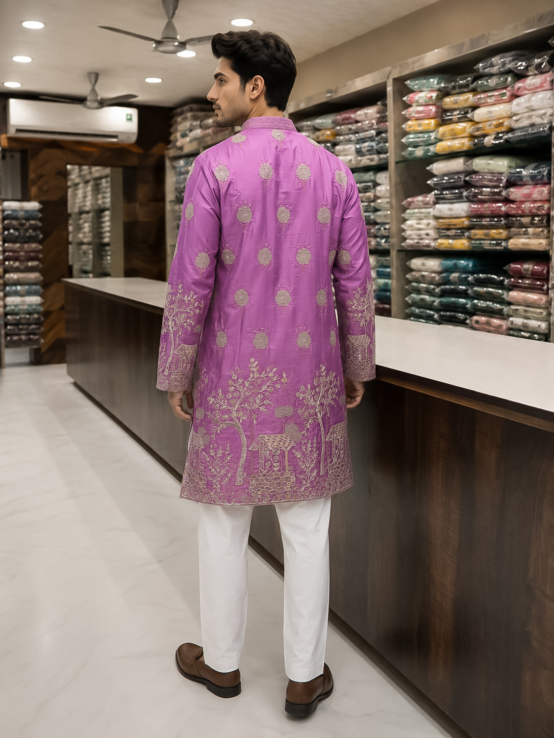 Light Purple Silk Heavy Embroidered Kurta for Men