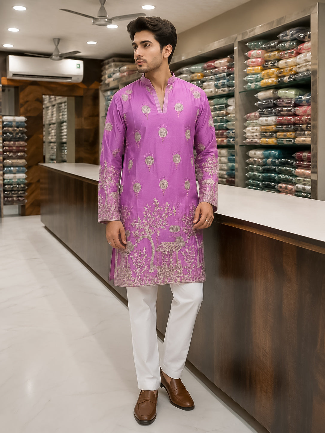 Light Purple Silk Heavy Embroidered Kurta for Men