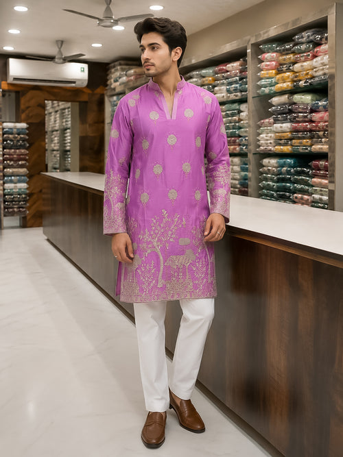 Light Purple Silk Heavy Embroidered Kurta for Men