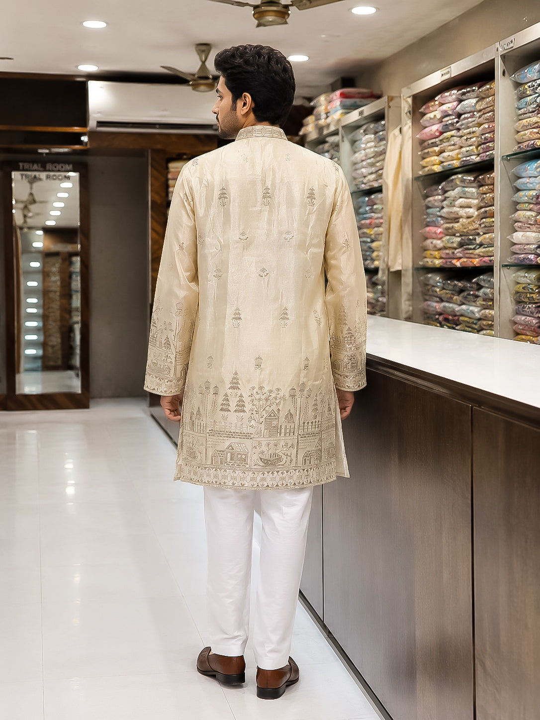 Cream Tissue Silk Heavy Embroidered Kurta for Men