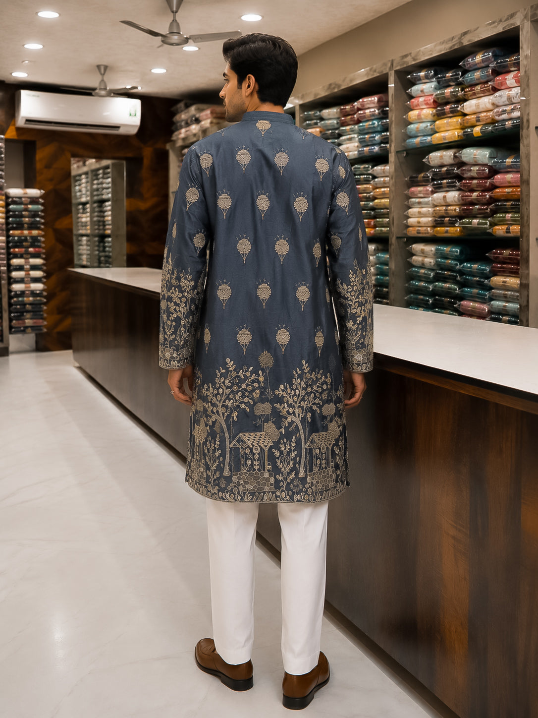 Steel Grey Silk Heavy Embroidered Kurta for Men