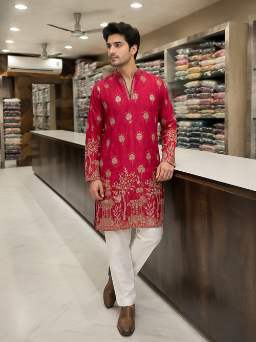 Coral Pink Silk Heavy Embroidered Kurta for Men