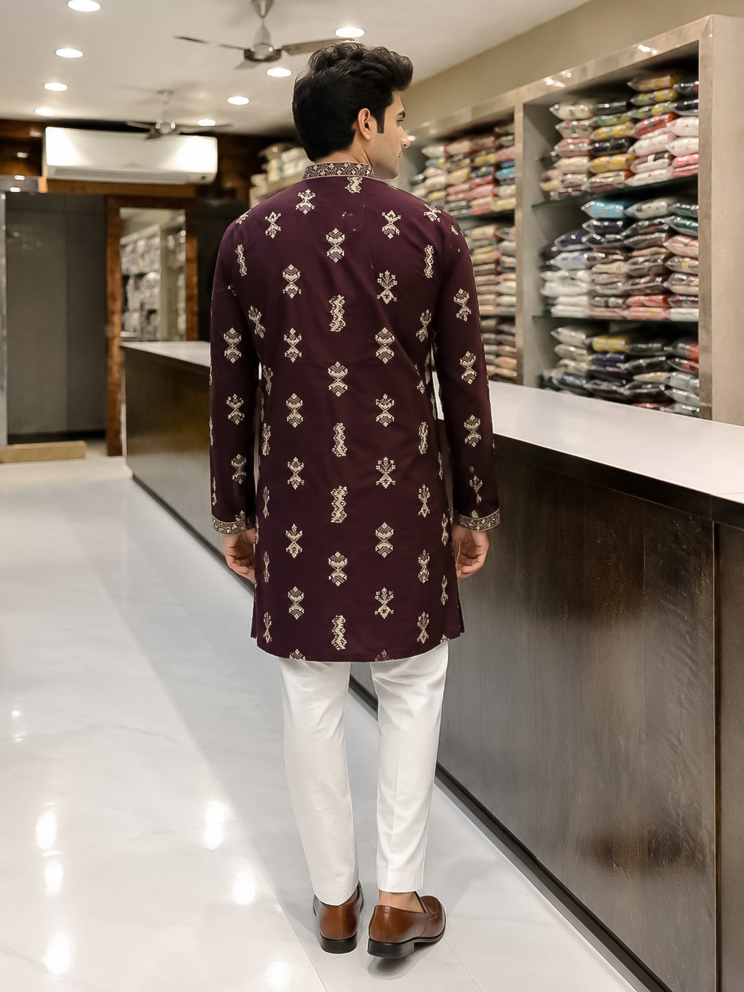 Wine Silk Embroidered Kurta for Men