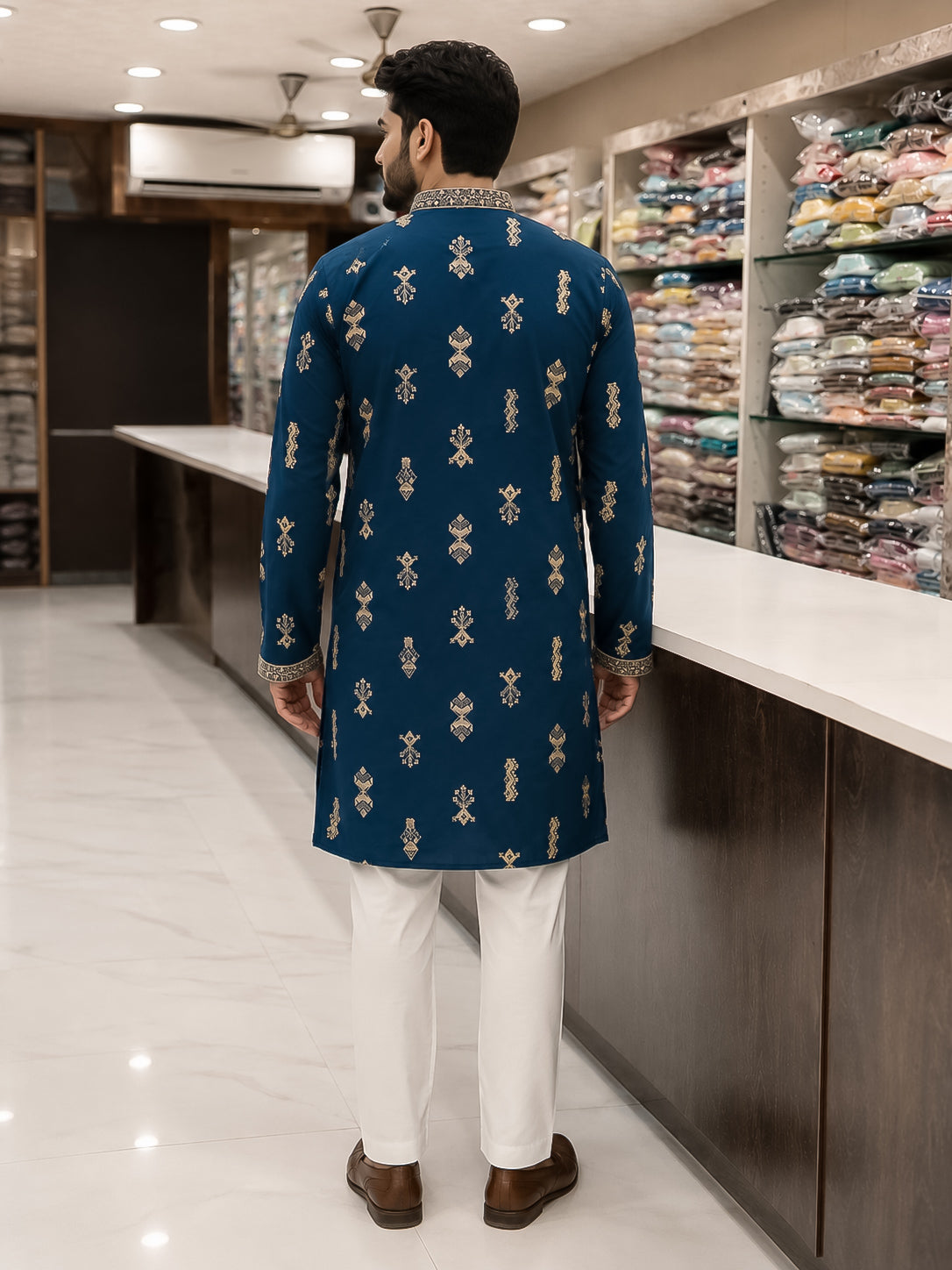 Peacock Blue Silk Embroidered Kurta for Men