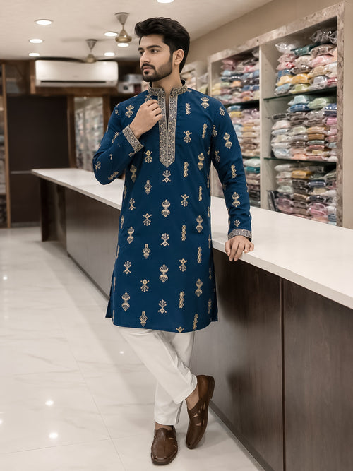 Peacock Blue Silk Embroidered Kurta for Men