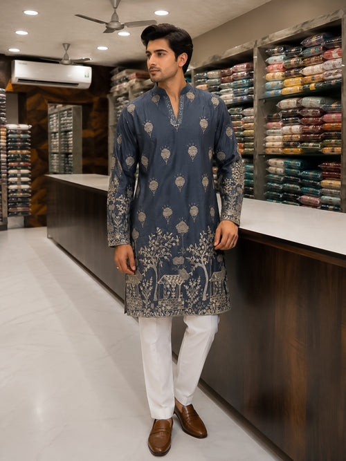 Steel Grey Silk Heavy Embroidered Kurta for Men