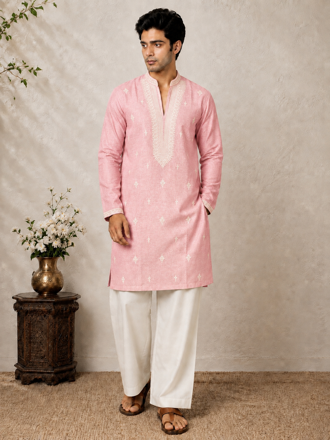 Premium Cotton Embroidered Textured Knee-Length Kurta