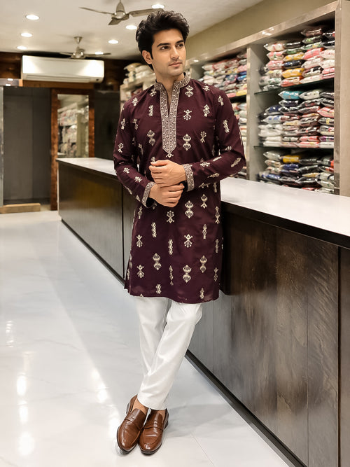 Wine Silk Embroidered Kurta for Men