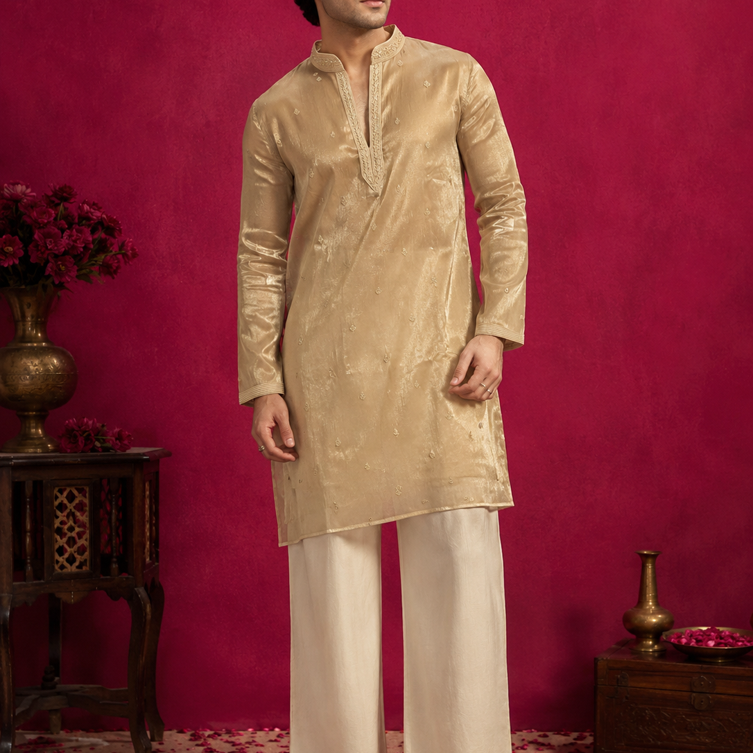 Champagne Tissue Embroidered Knee-Length Kurta