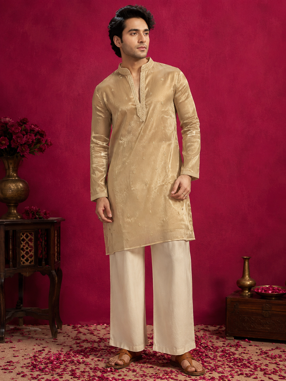 Champagne Tissue Embroidered Knee-Length Kurta
