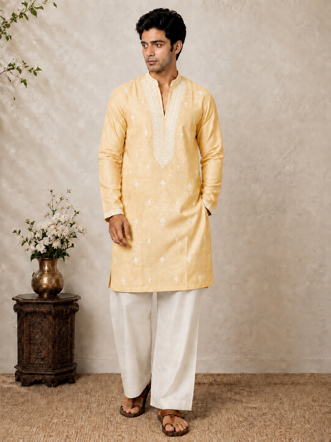 Premium Cotton Embroidered Textured Knee-Length Kurta