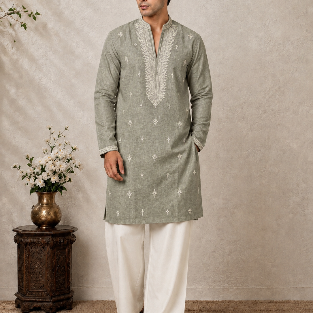 Premium Cotton Embroidered Textured Knee-Length Kurta