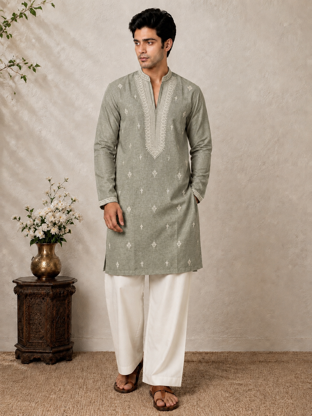 Premium Cotton Embroidered Textured Knee-Length Kurta