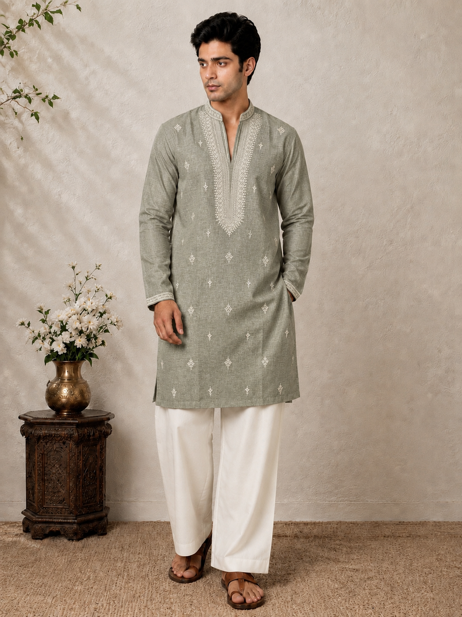 Premium Cotton Embroidered Textured Knee-Length Kurta