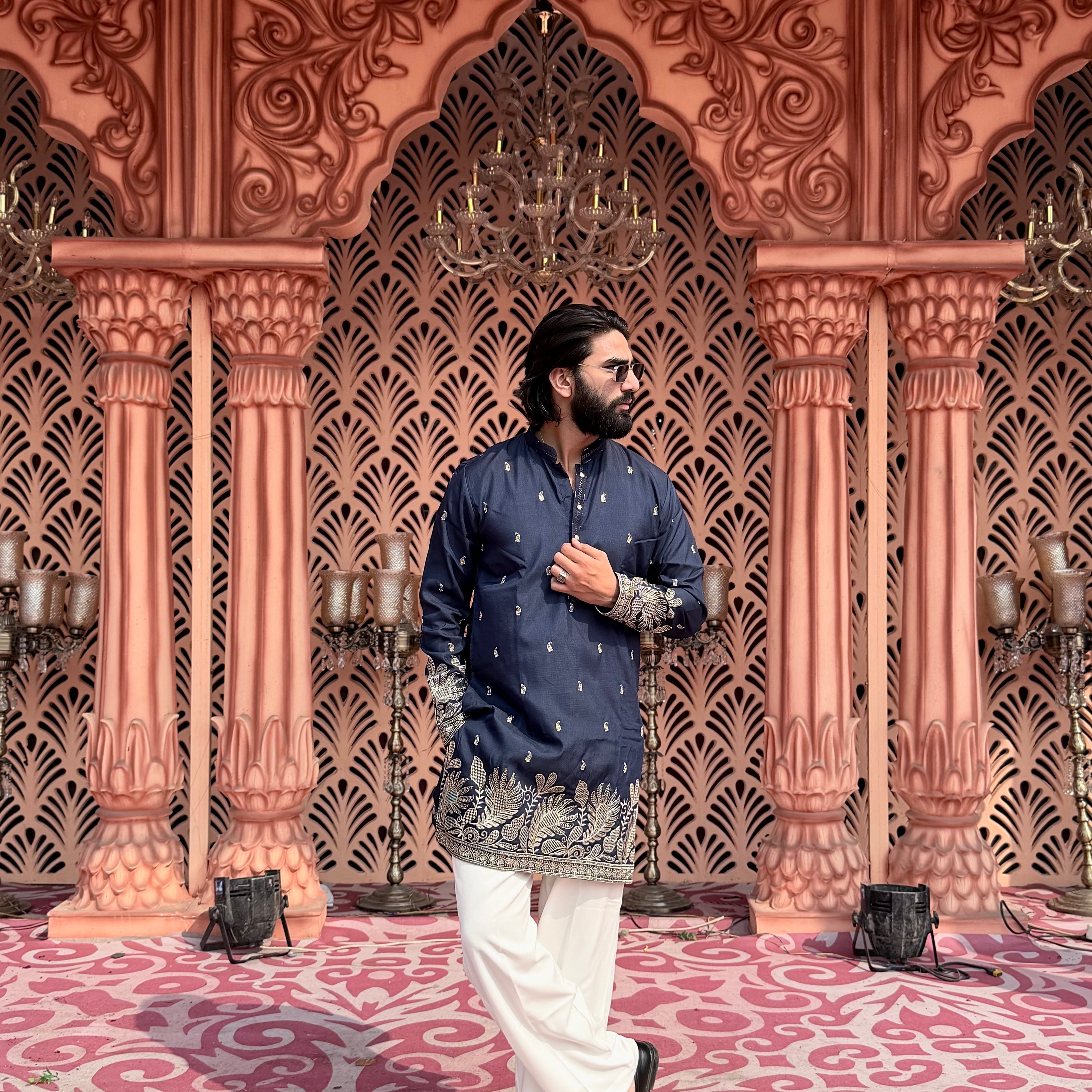 NAVY BLUE DAMAN EMBROIDERED MID-KURTA