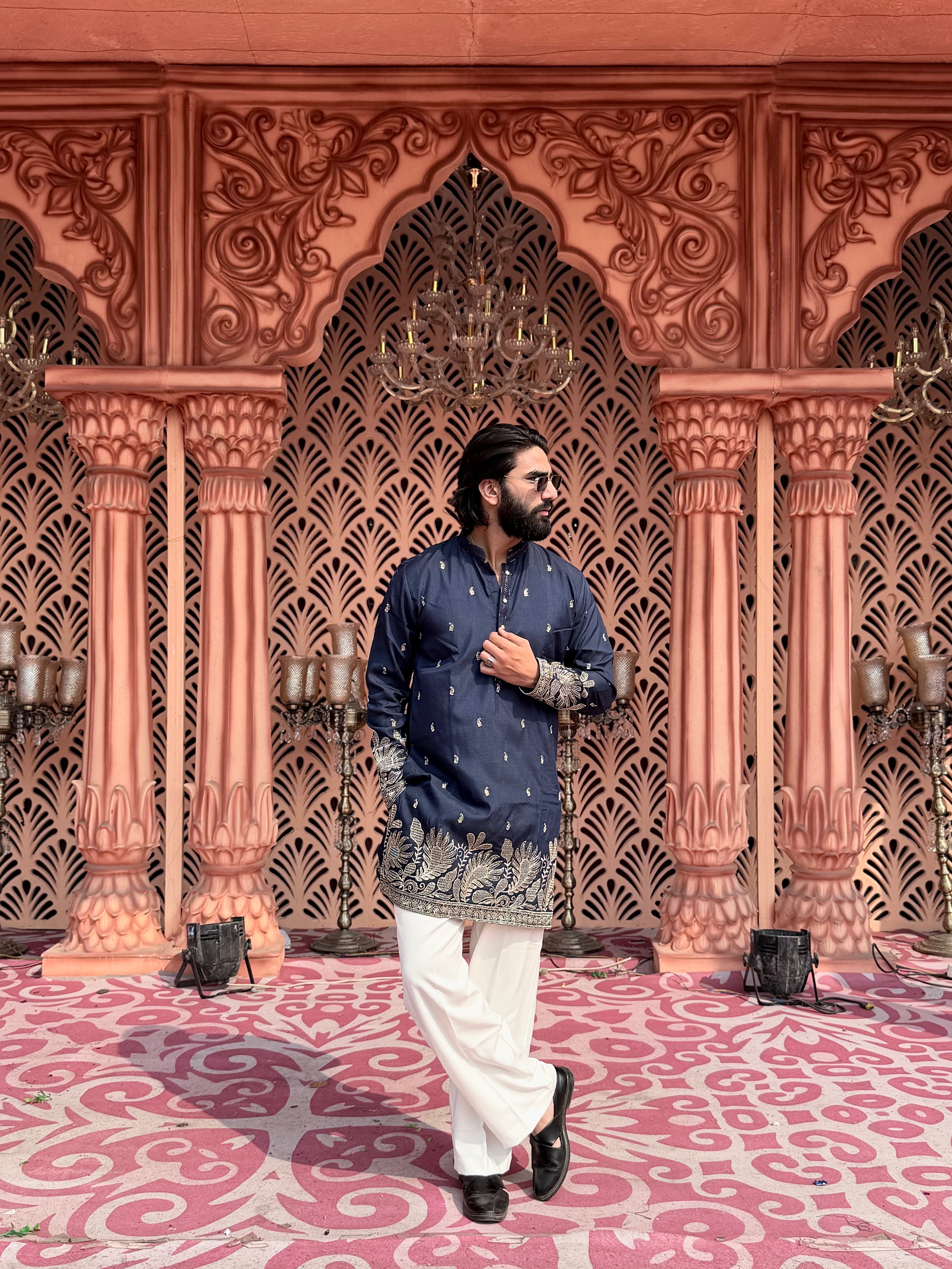 NAVY BLUE DAMAN EMBROIDERED MID-KURTA