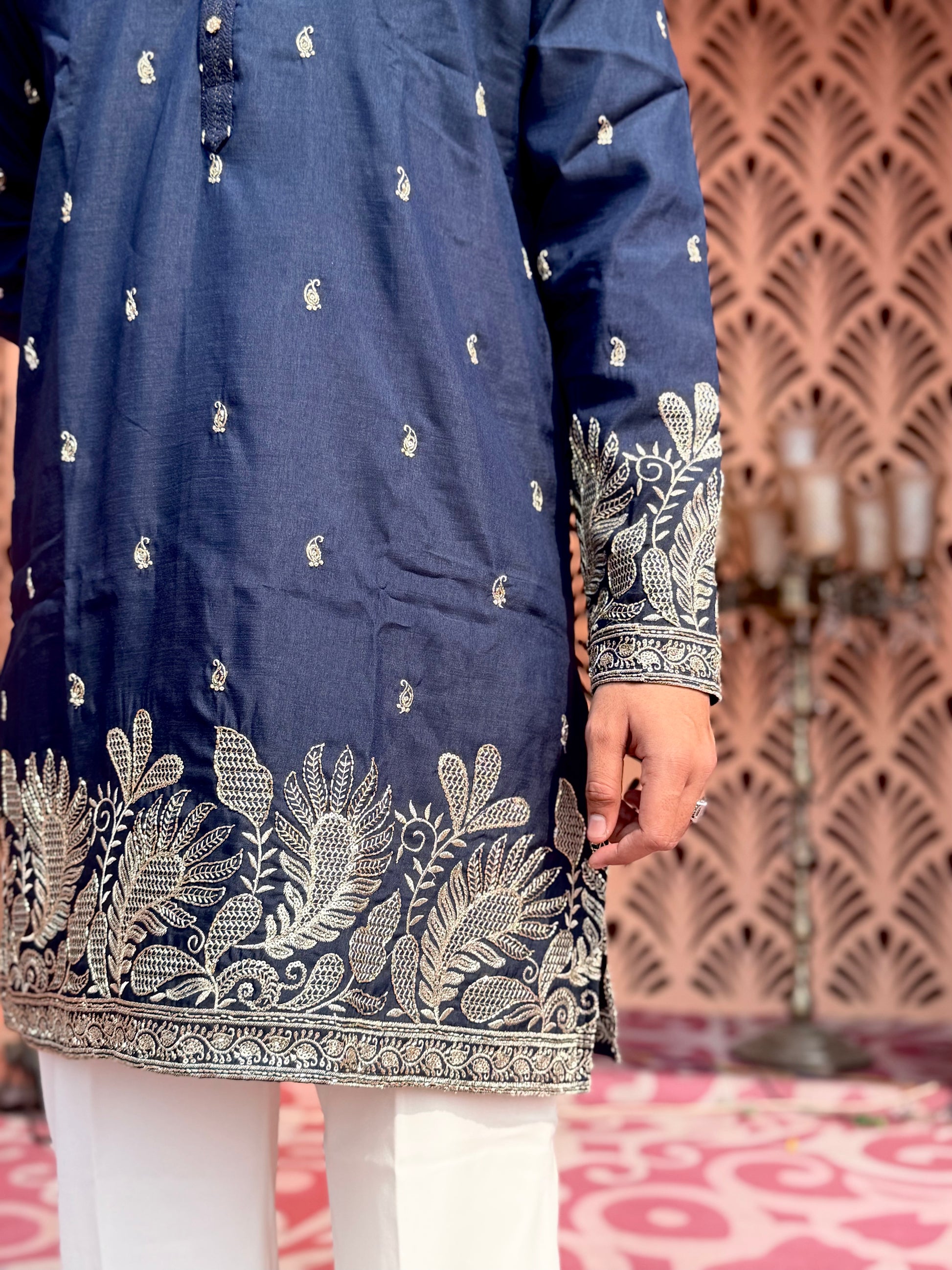NAVY BLUE DAMAN EMBROIDERED MID-KURTA