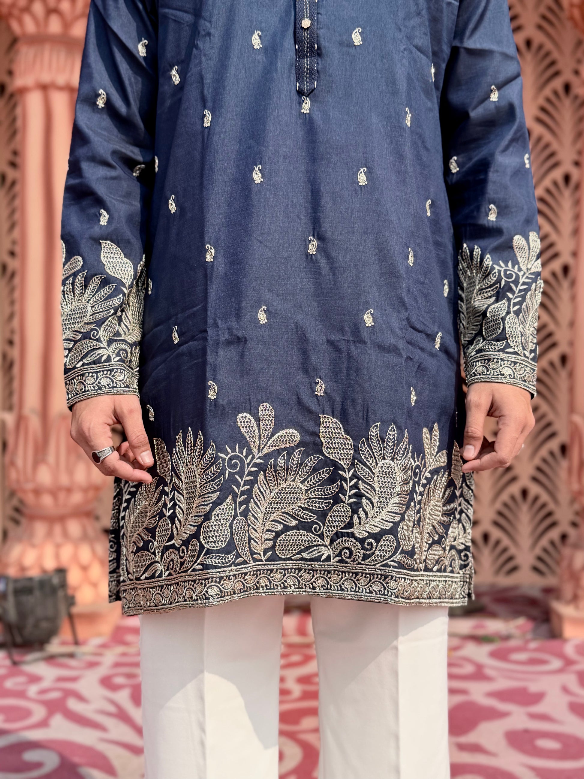 NAVY BLUE DAMAN EMBROIDERED MID-KURTA