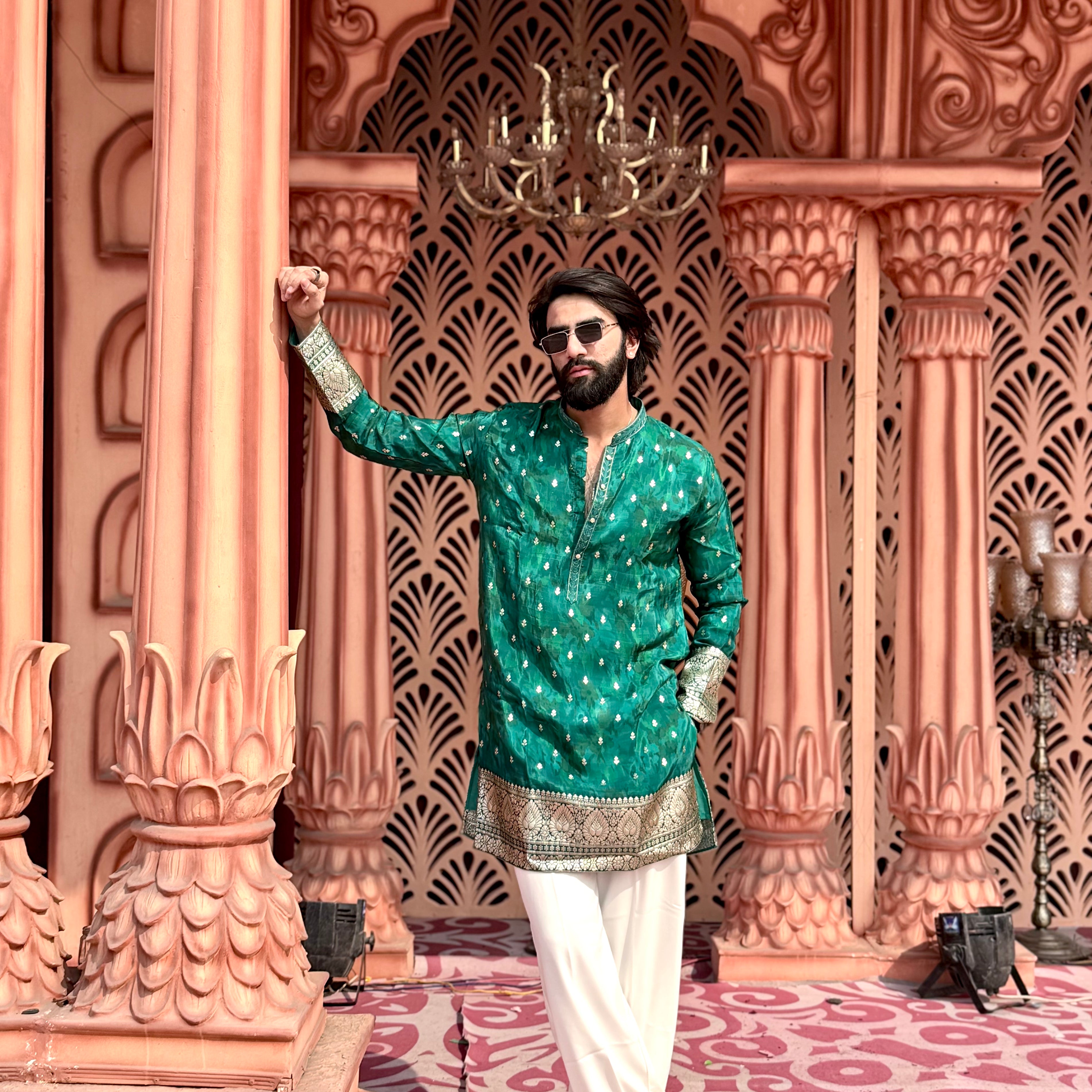 PEACOCK GREEN BROCADE MID-LENGTH KURTA