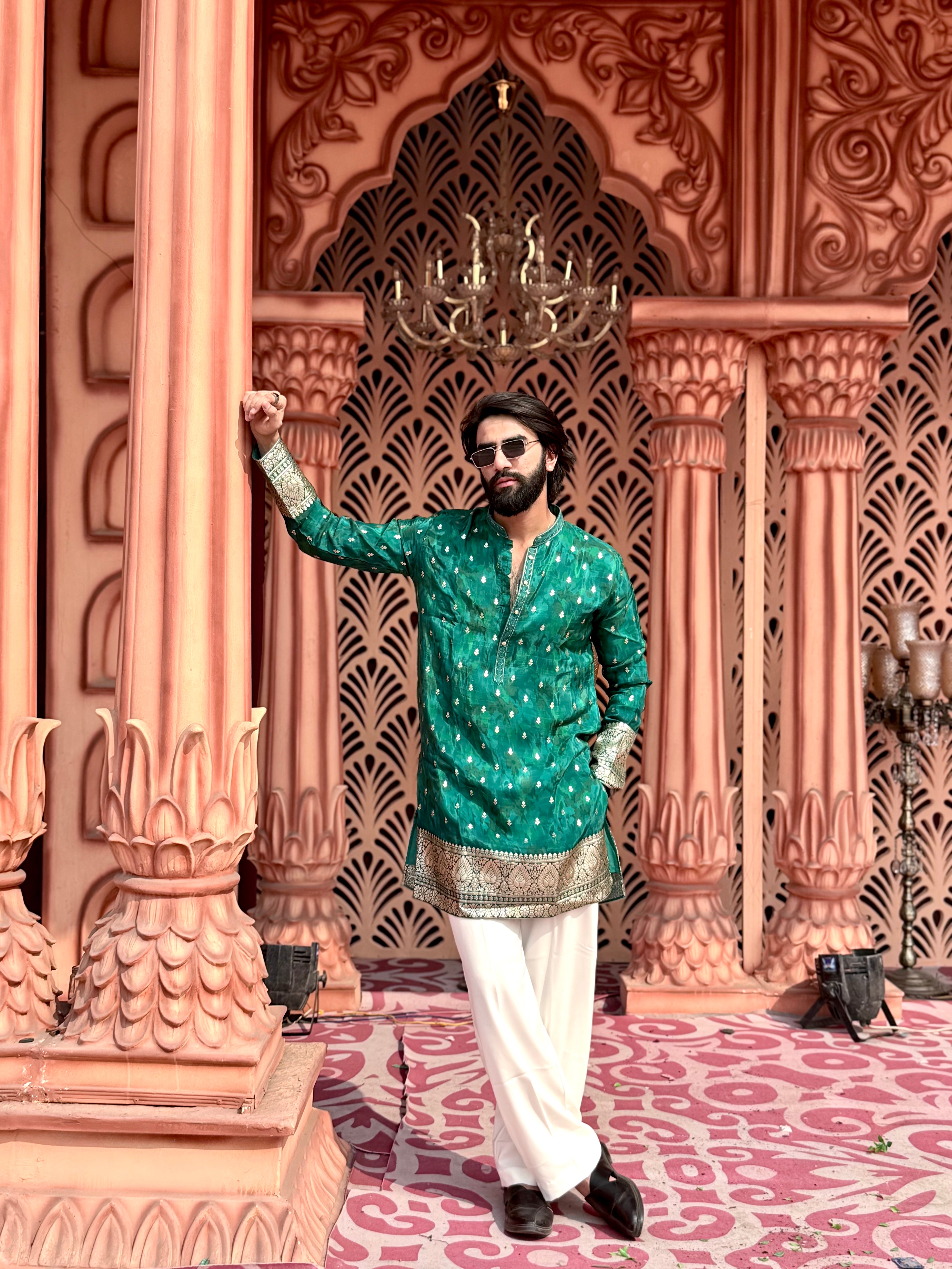 PEACOCK GREEN BROCADE MID-LENGTH KURTA