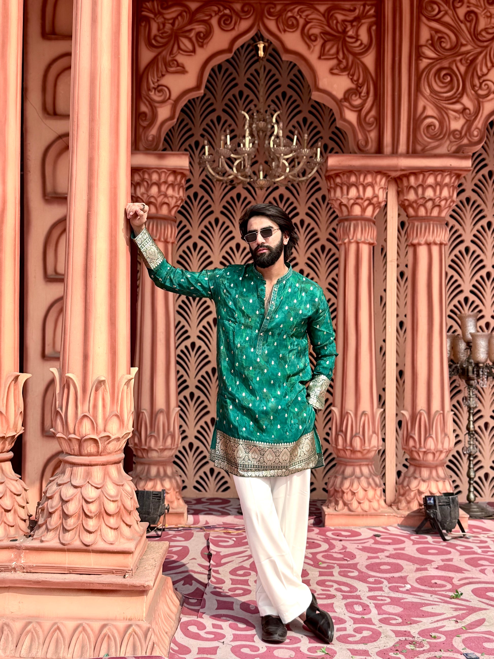 PEACOCK GREEN BROCADE MID-LENGTH KURTA