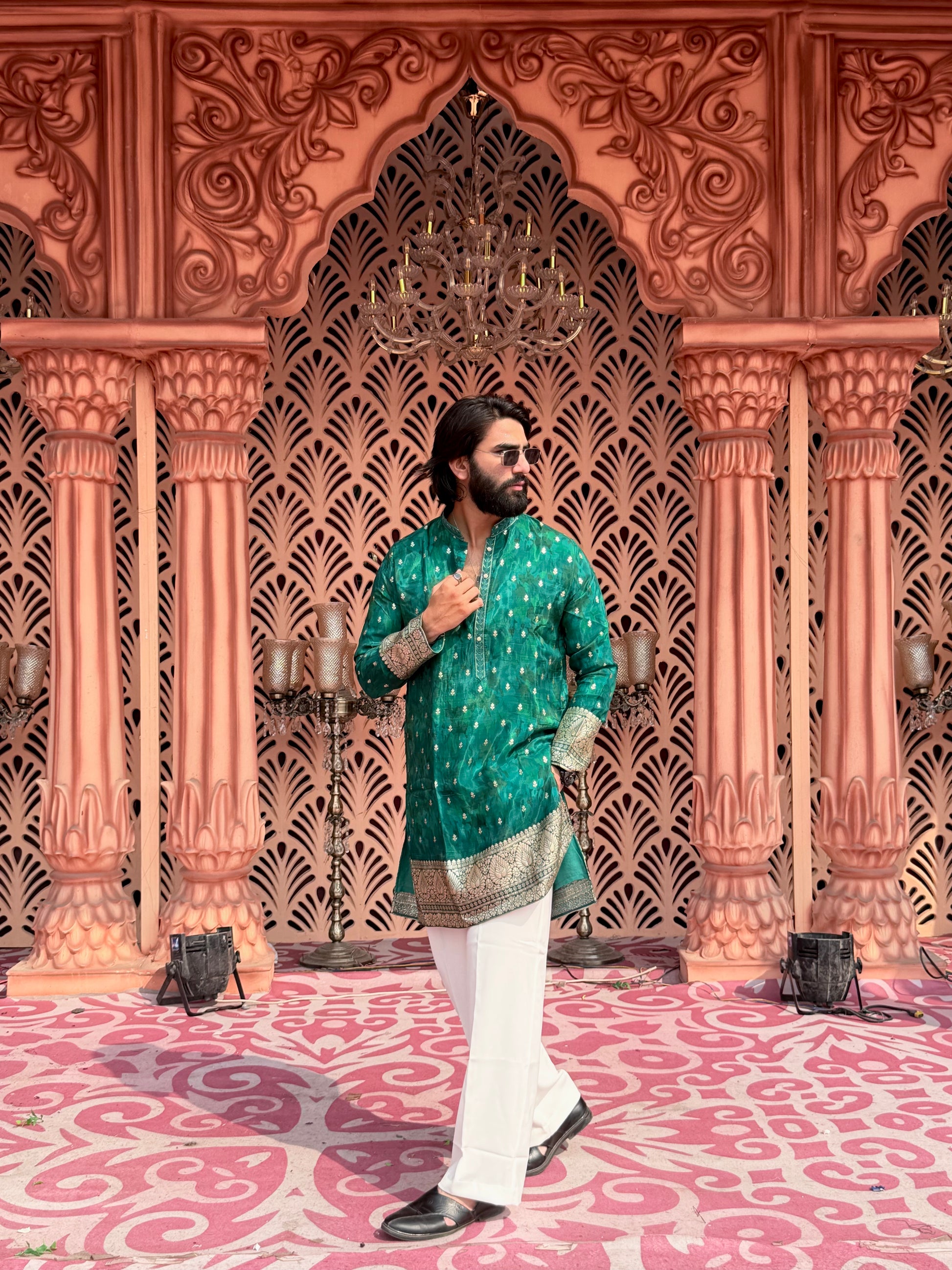 PEACOCK GREEN BROCADE MID-LENGTH KURTA