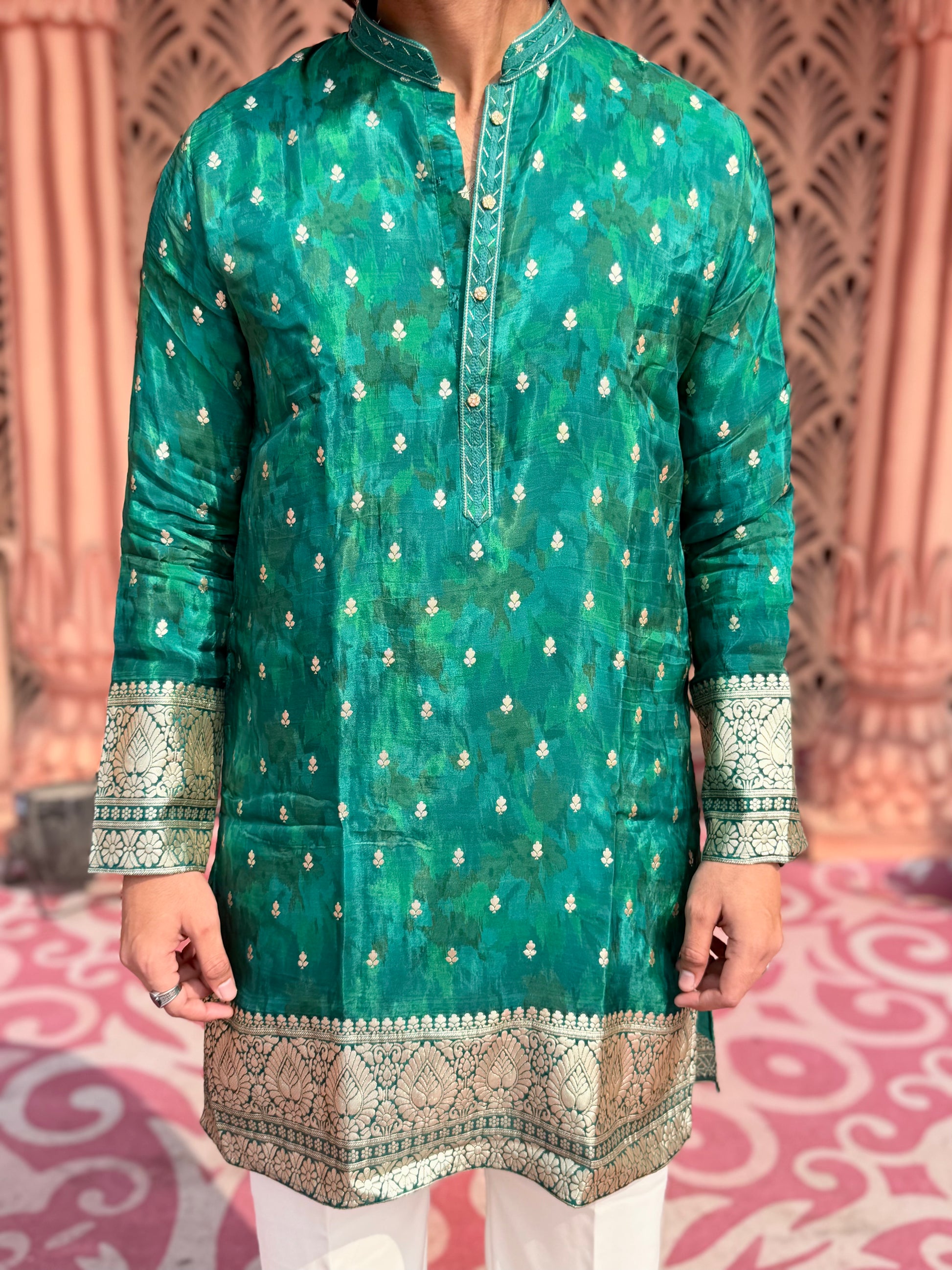 PEACOCK GREEN BROCADE MID-LENGTH KURTA