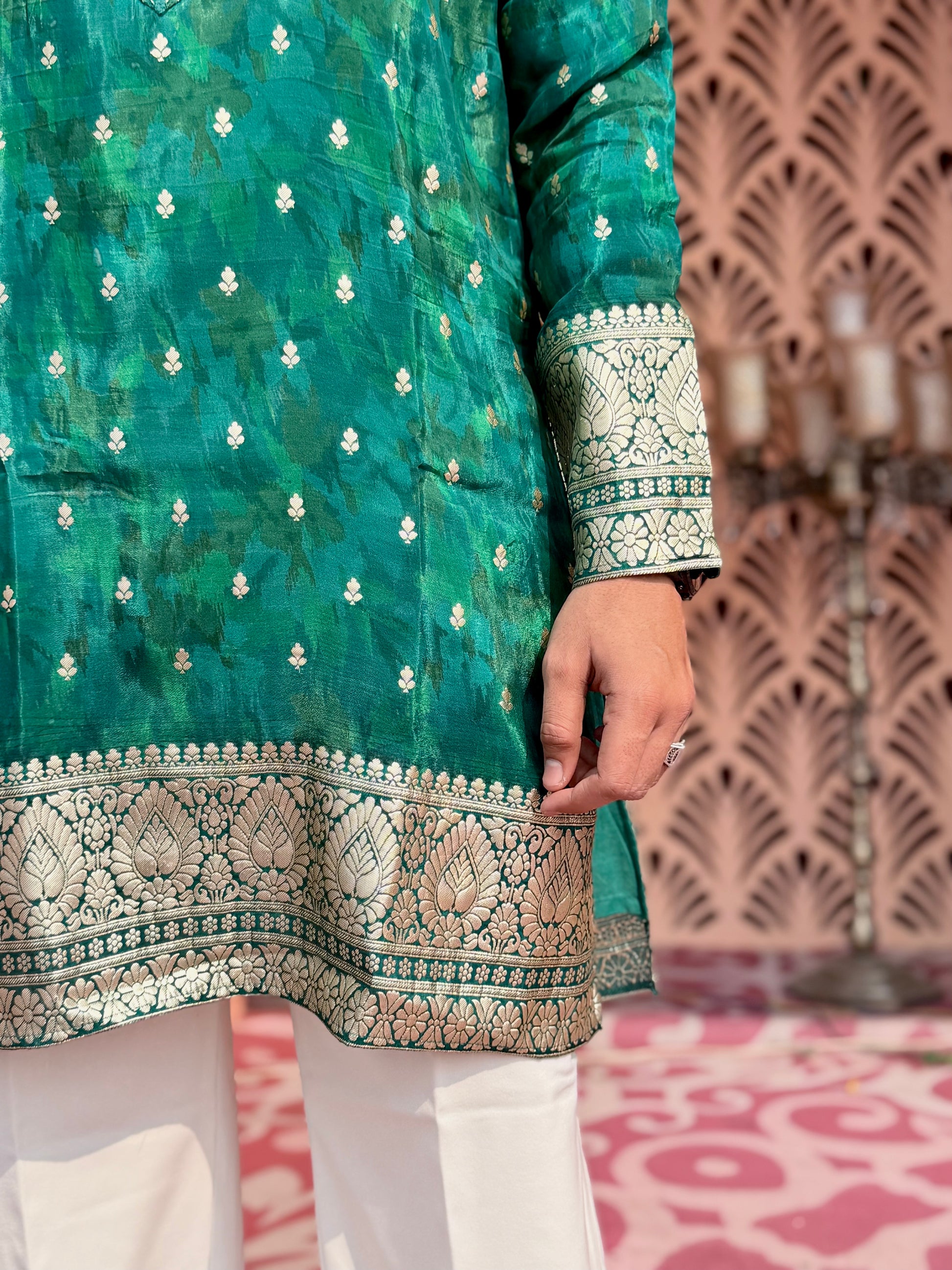 PEACOCK GREEN BROCADE MID-LENGTH KURTA
