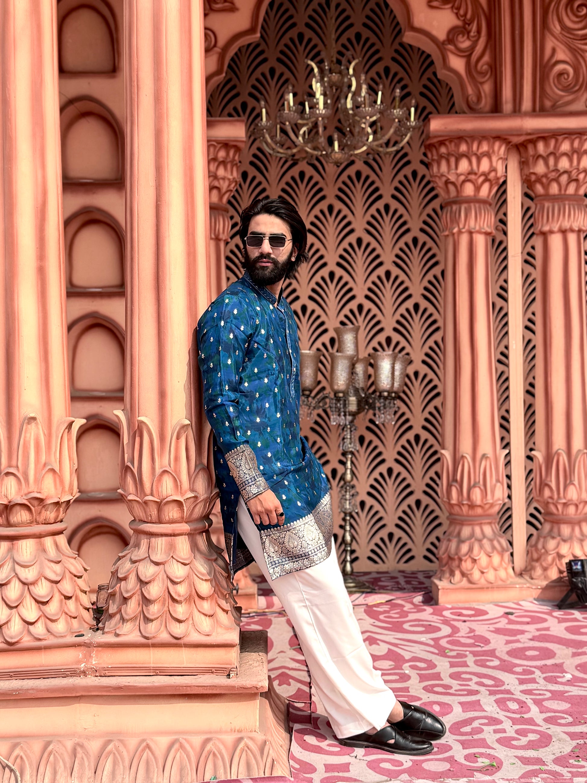 IMPERIAL BLUE BROCADE MID-LENGTH KURTA