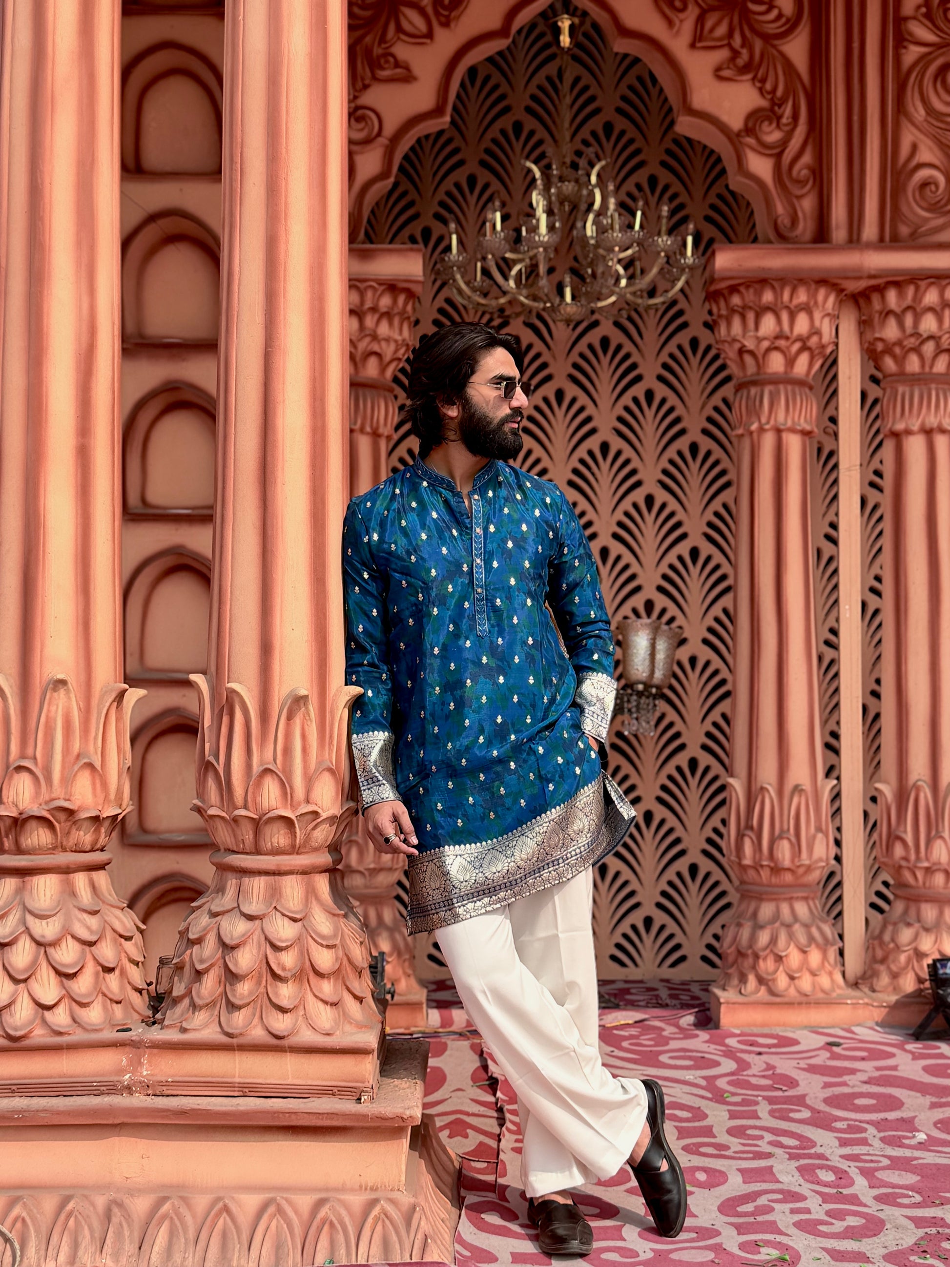 IMPERIAL BLUE BROCADE MID-LENGTH KURTA