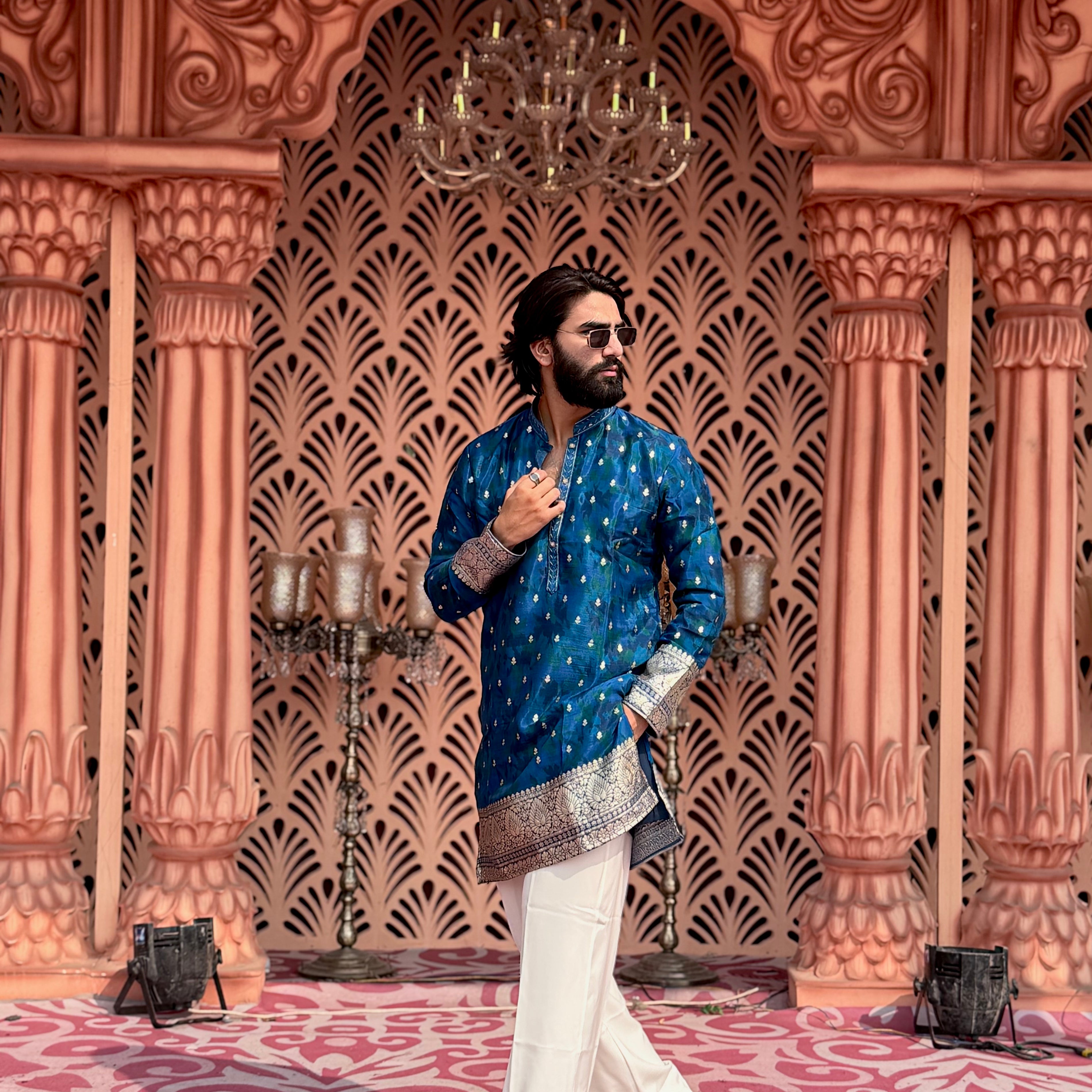IMPERIAL BLUE BROCADE MID-LENGTH KURTA
