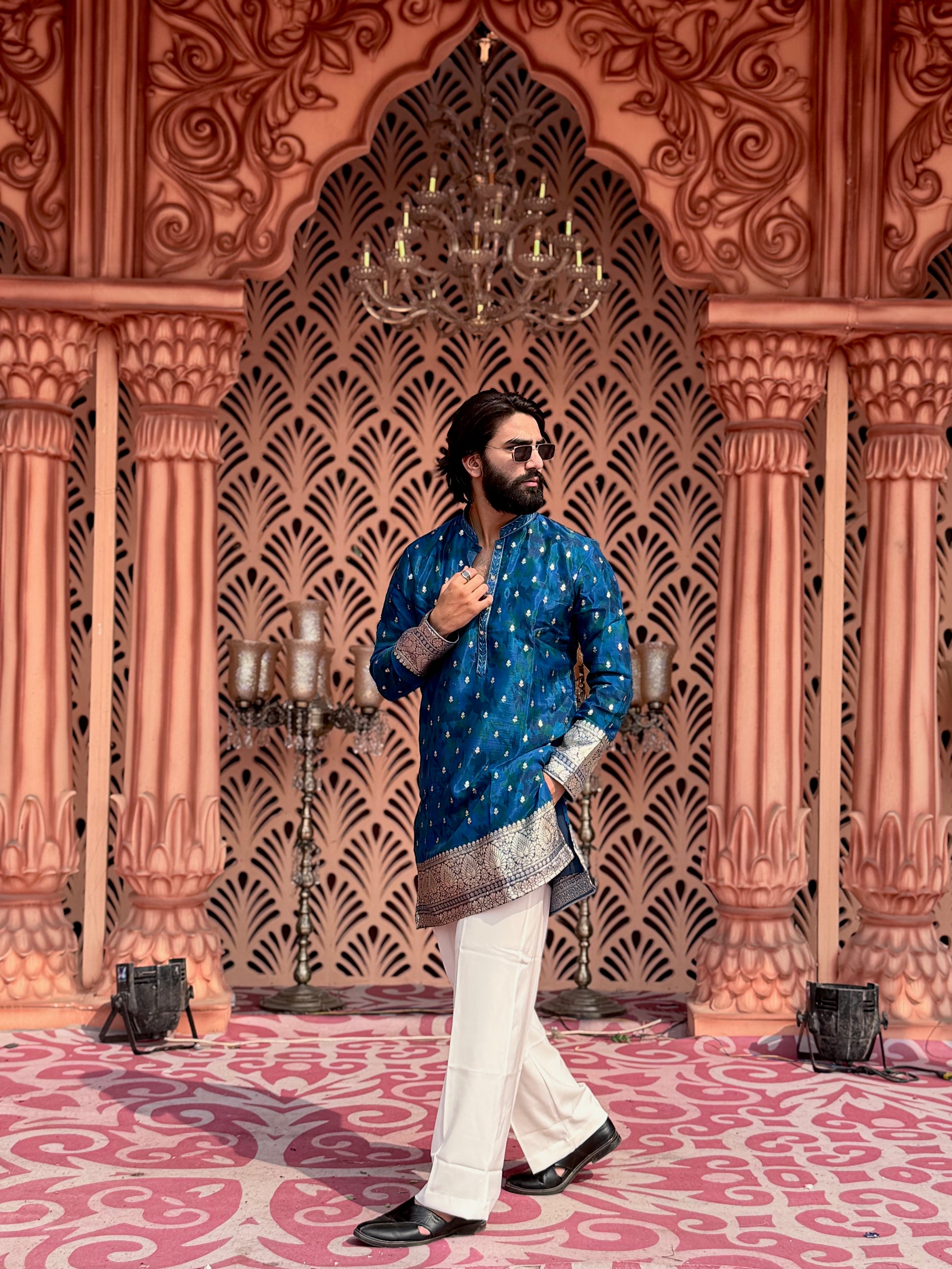 IMPERIAL BLUE BROCADE MID-LENGTH KURTA