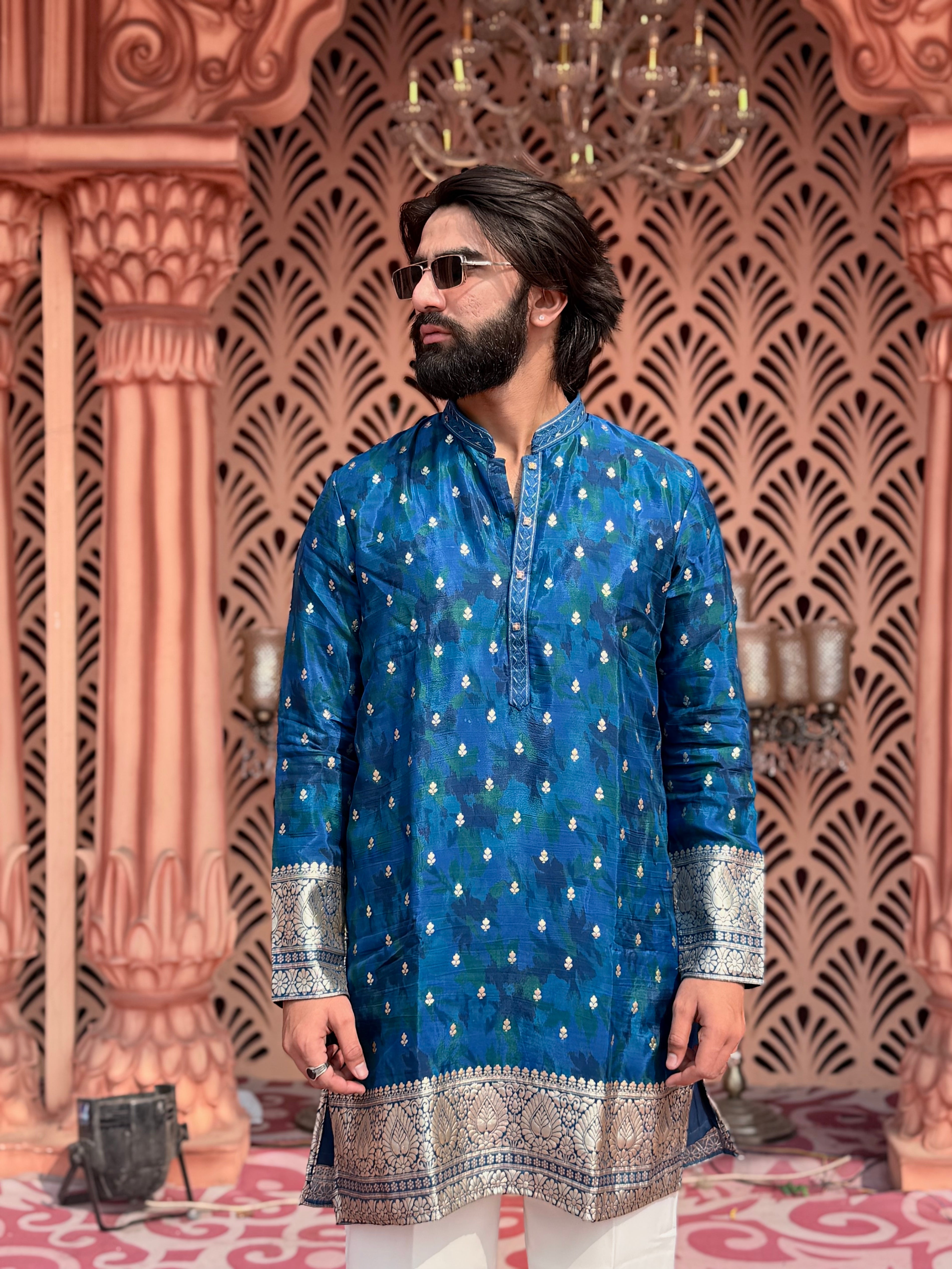 IMPERIAL BLUE BROCADE MID-LENGTH KURTA