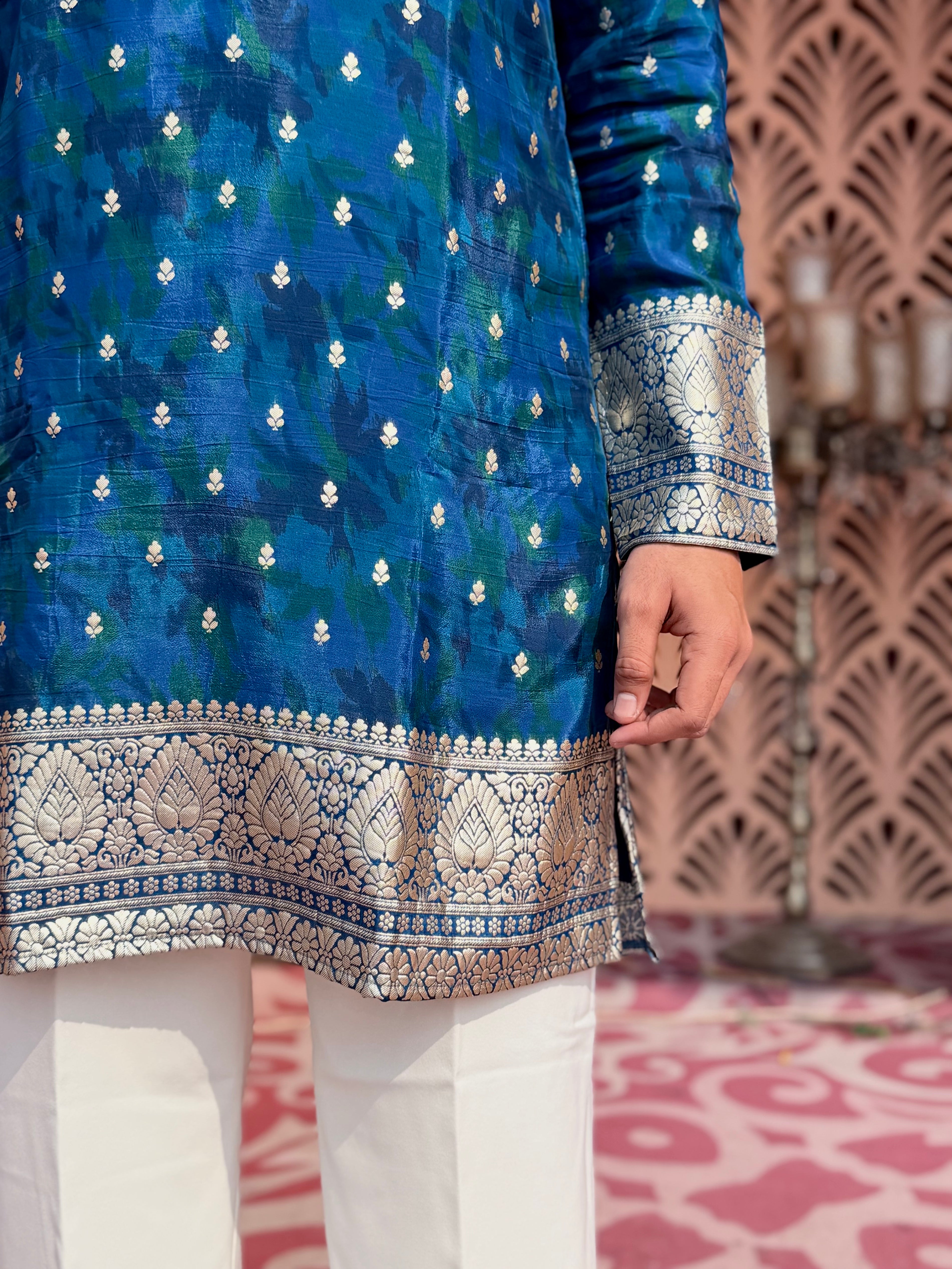 IMPERIAL BLUE BROCADE MID-LENGTH KURTA