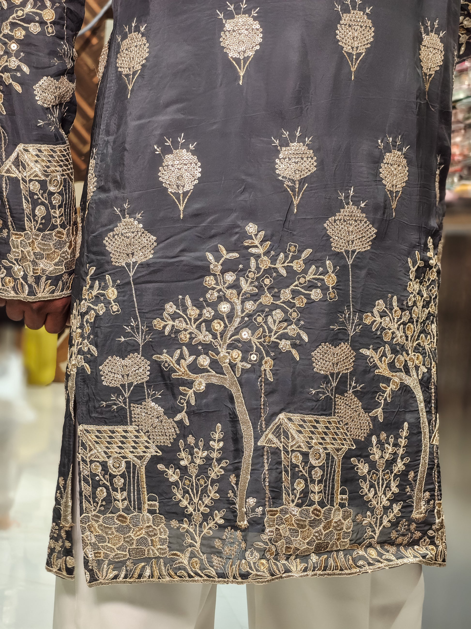 Steel Grey Silk Heavy Embroidered Kurta for Men