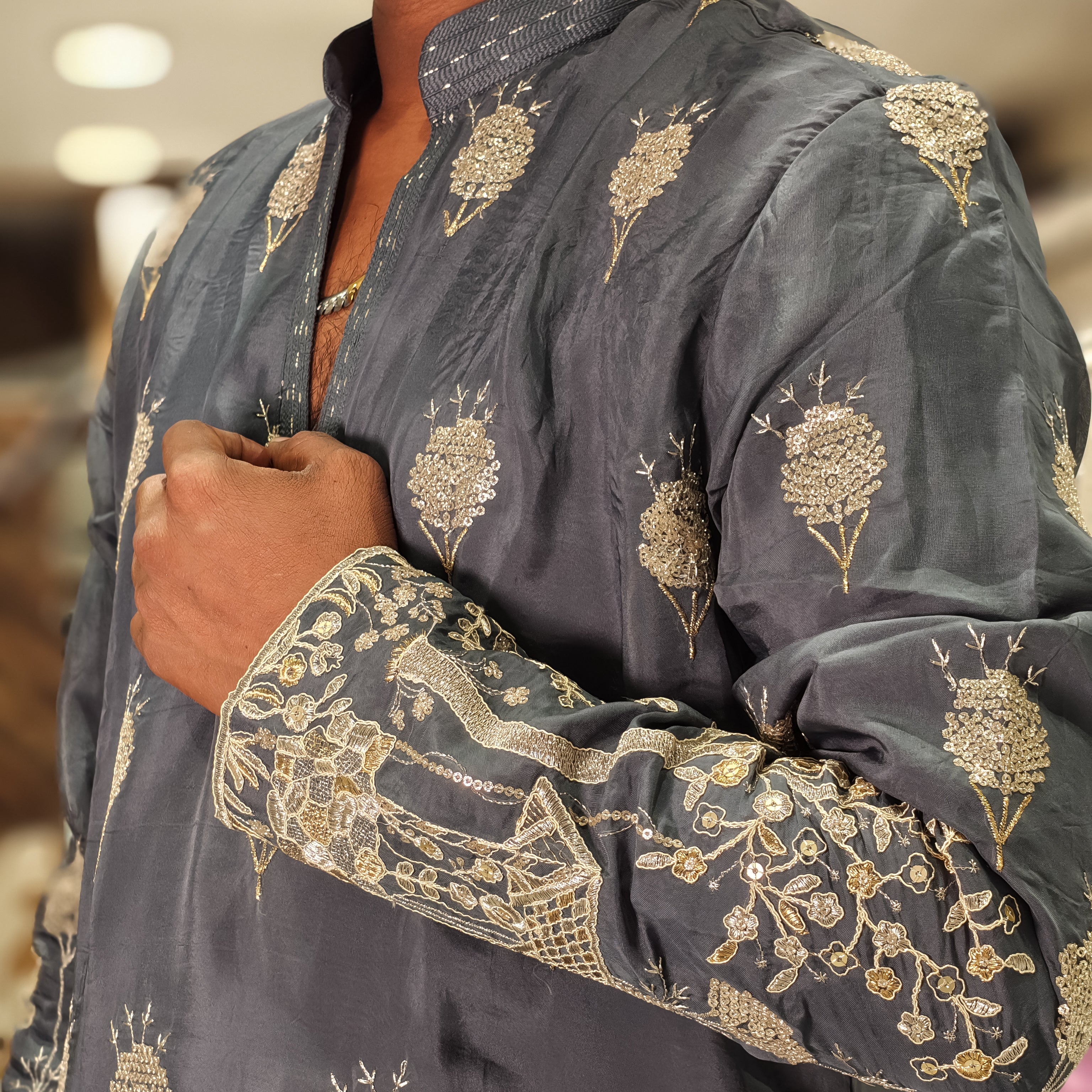 Steel Grey Silk Heavy Embroidered Kurta for Men