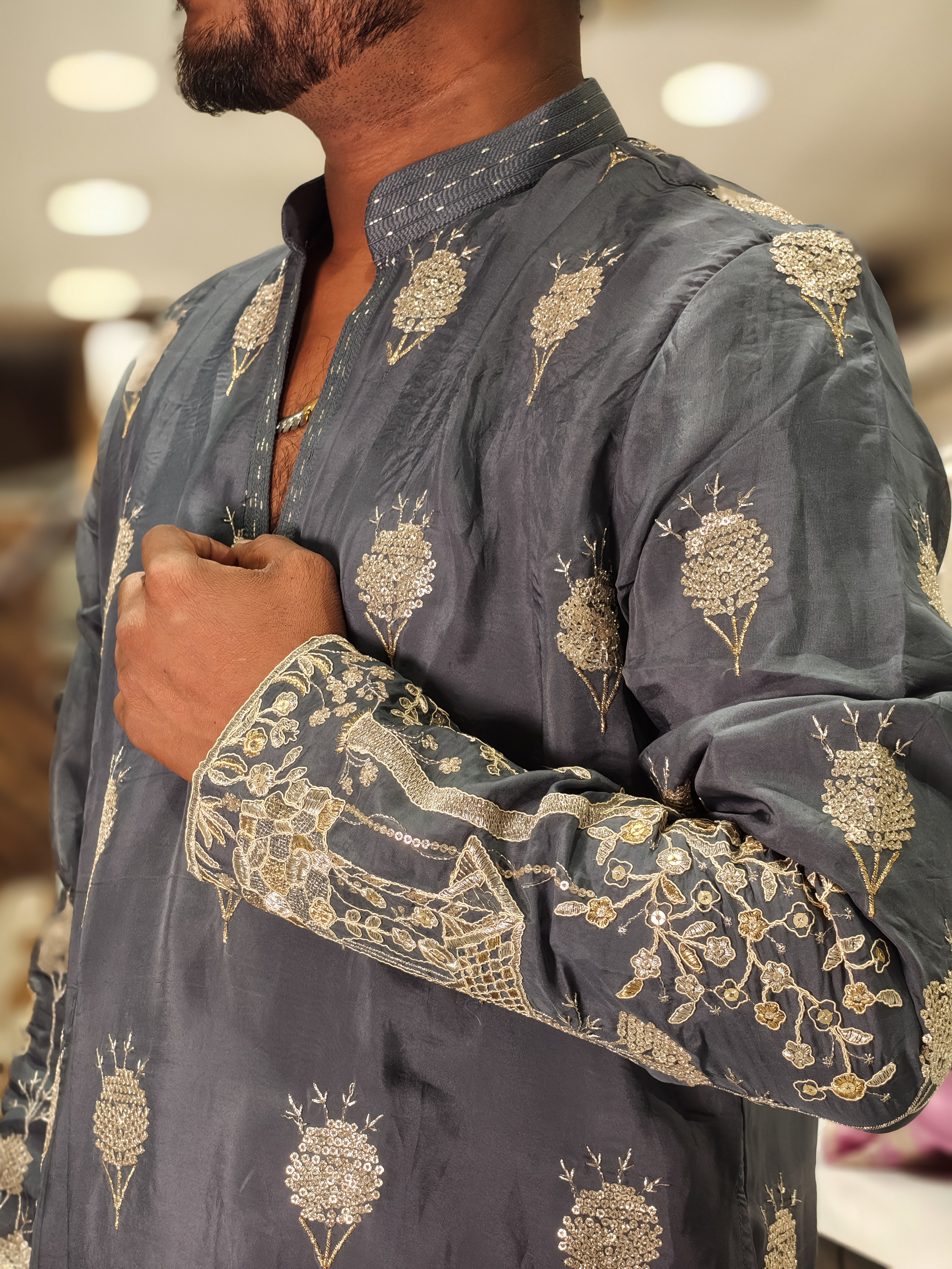 Steel Grey Silk Heavy Embroidered Kurta for Men