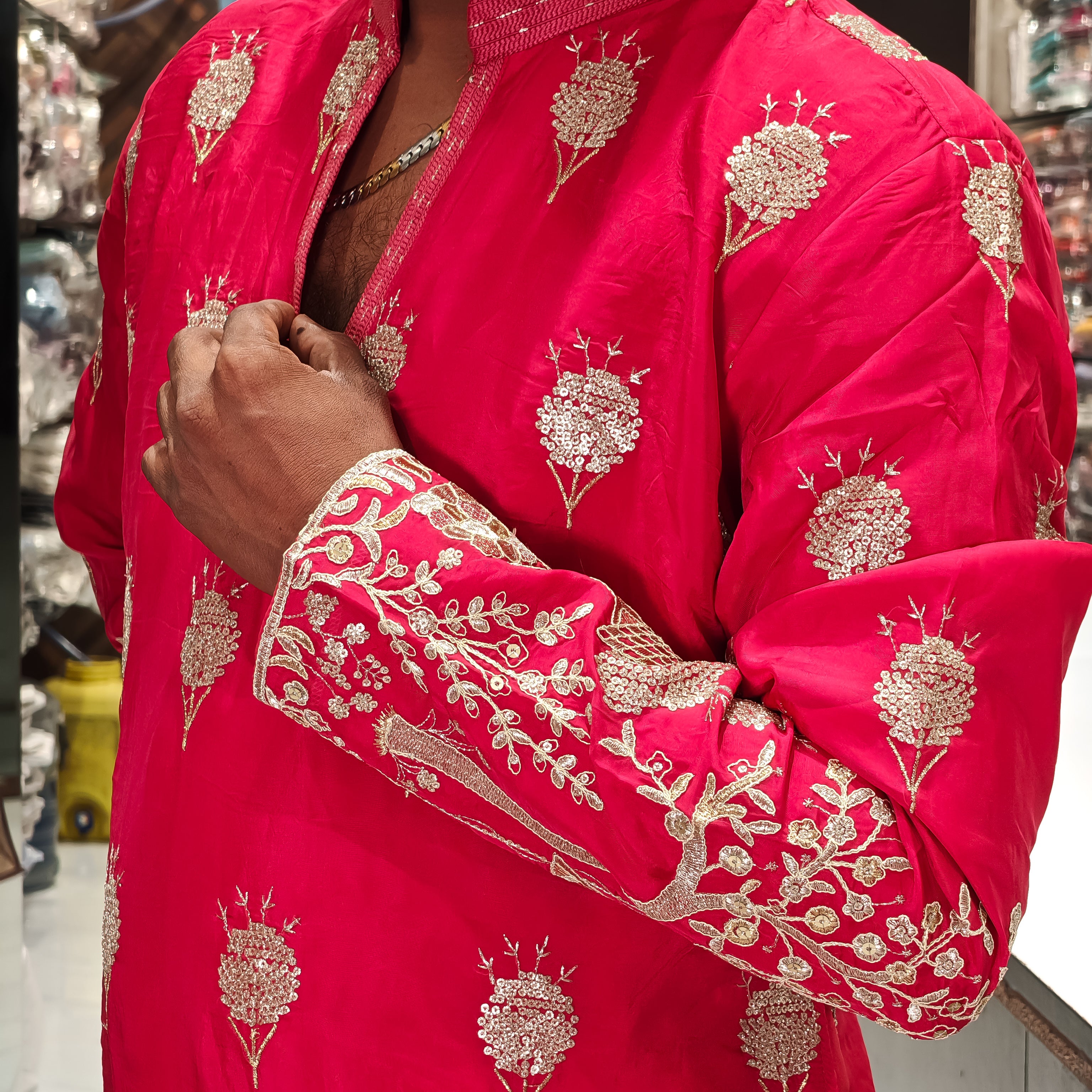 Coral Pink Silk Heavy Embroidered Kurta for Men