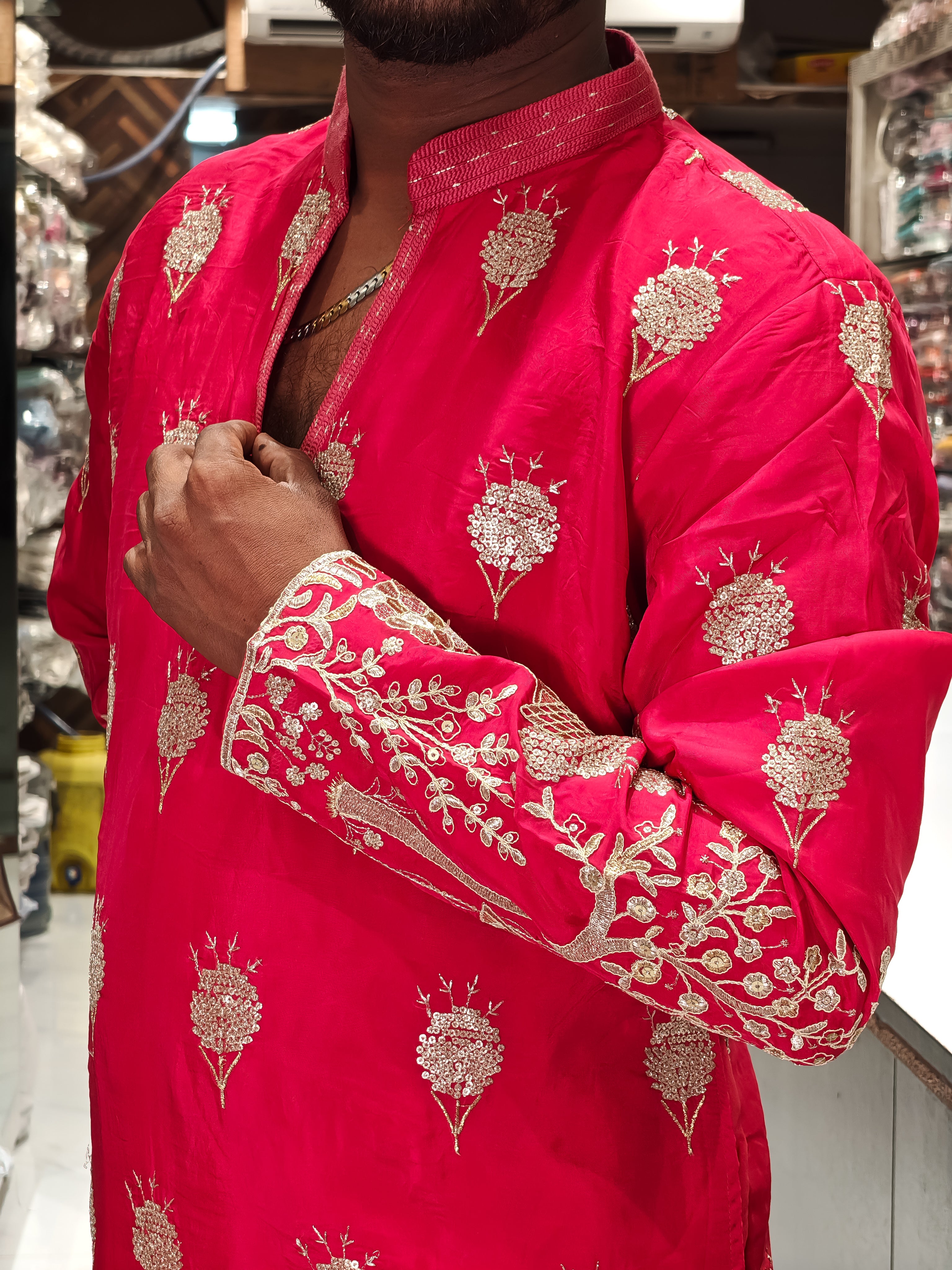 Coral Pink Silk Heavy Embroidered Kurta for Men