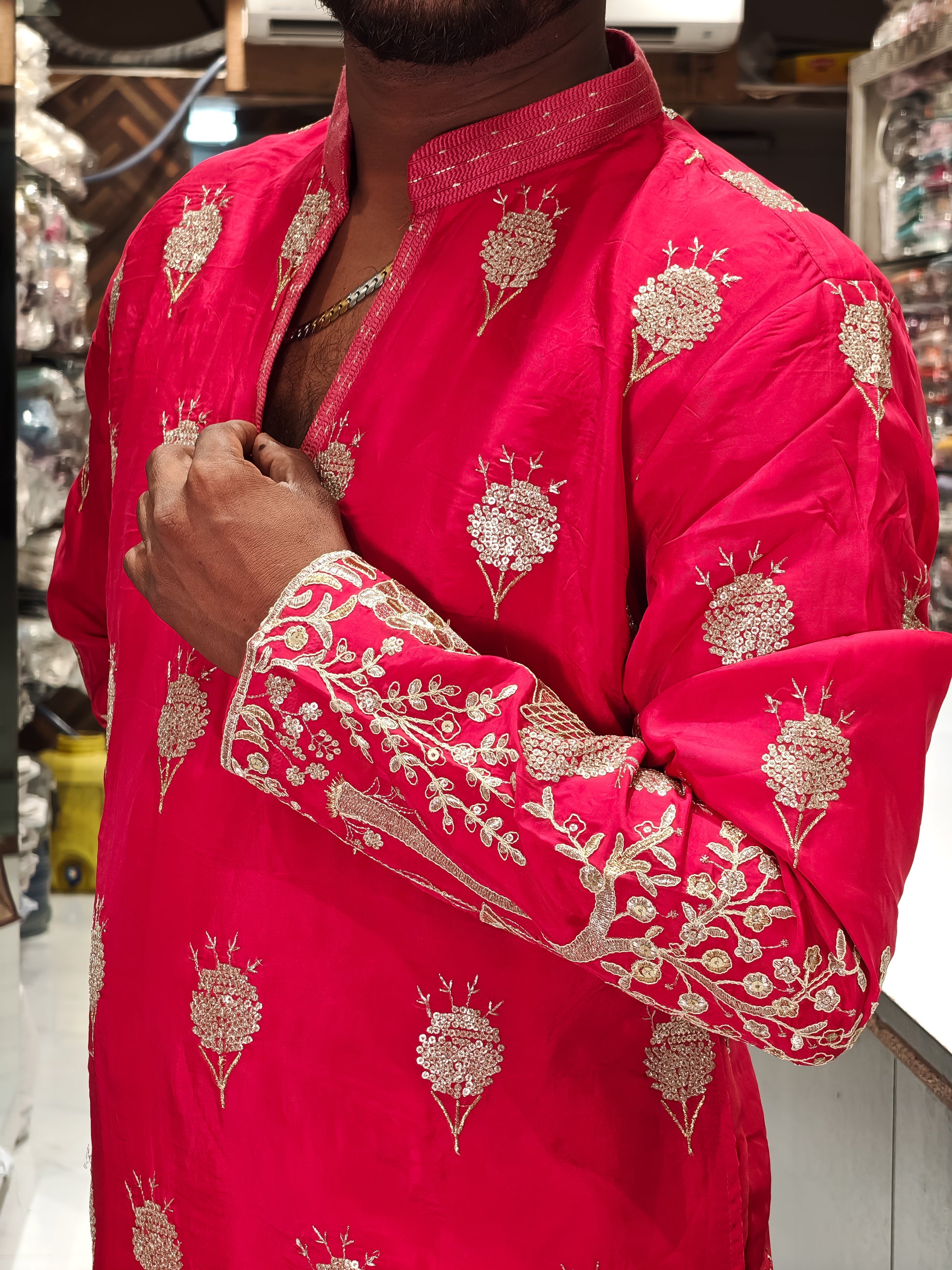 Coral Pink Silk Heavy Embroidered Kurta for Men