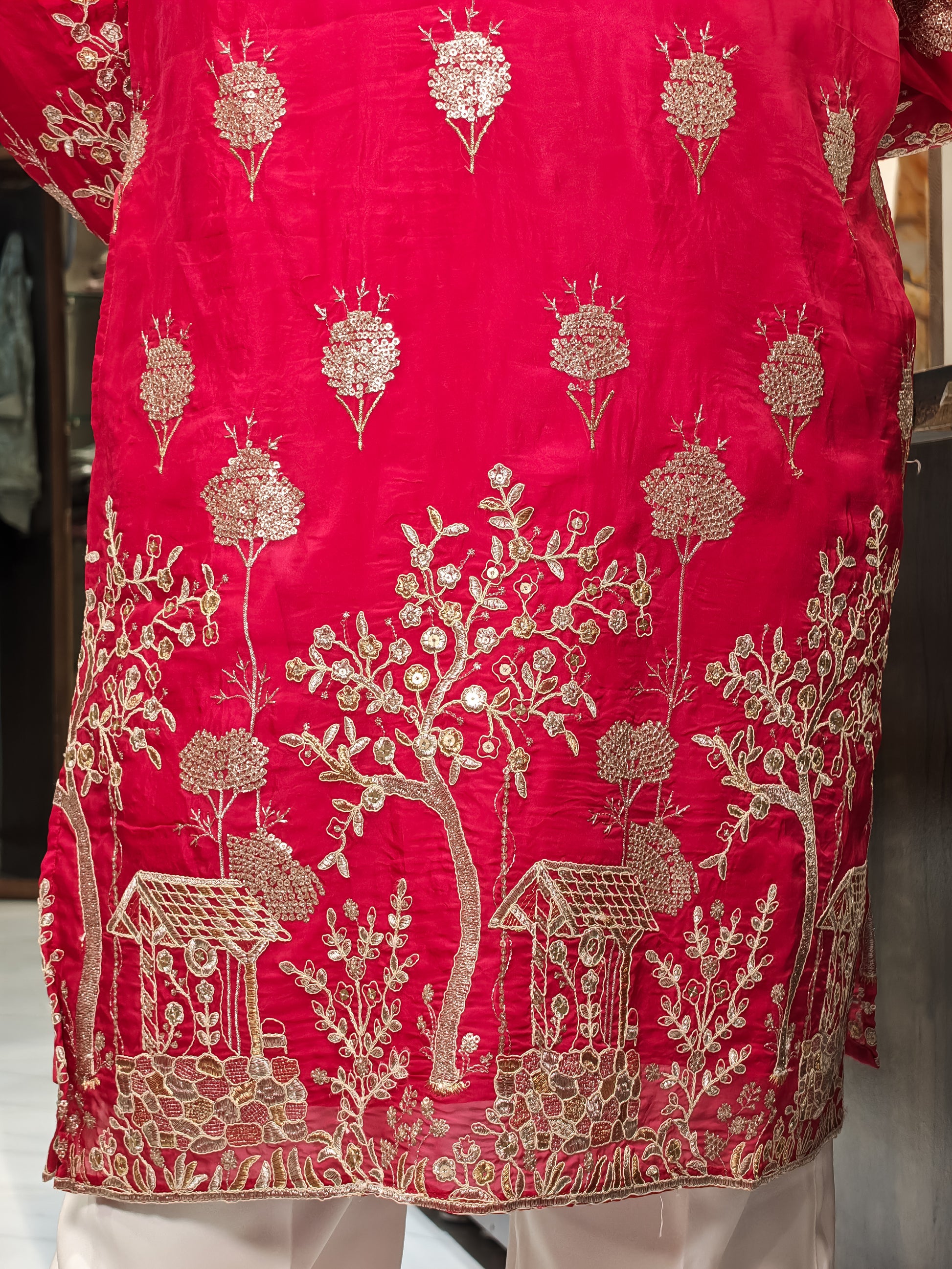 Coral Pink Silk Heavy Embroidered Kurta for Men