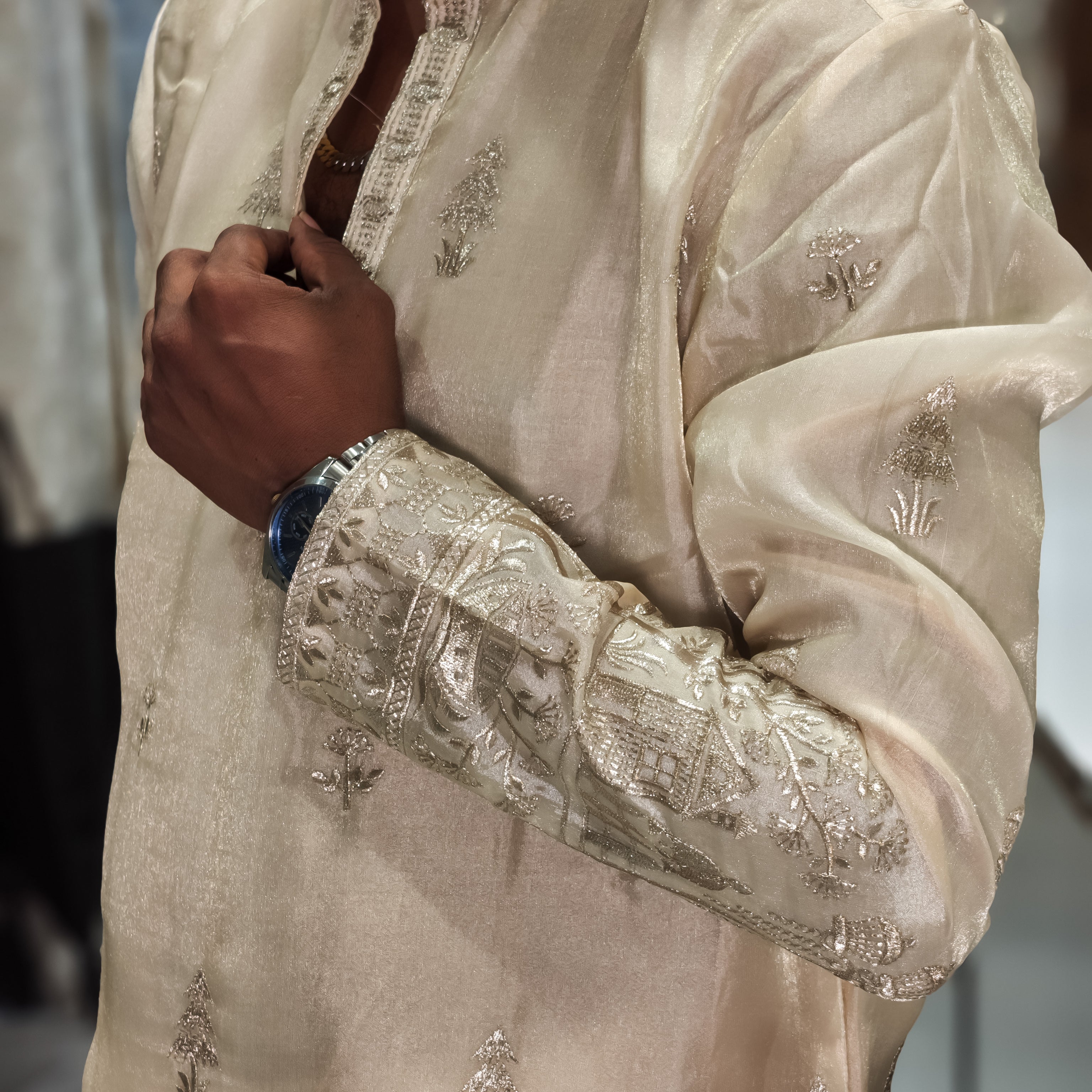 Cream Tissue Silk Heavy Embroidered Kurta for Men