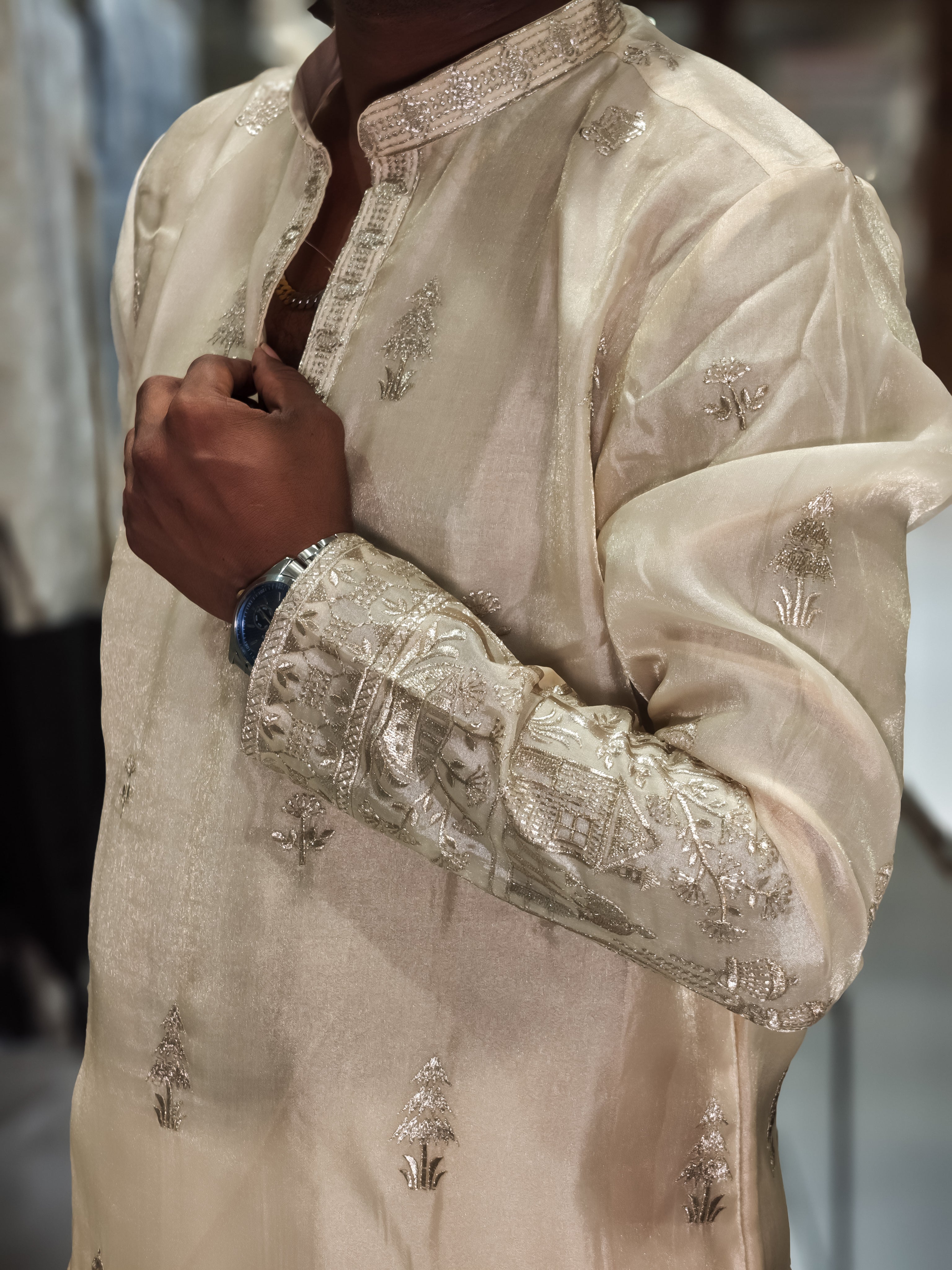Cream Tissue Silk Heavy Embroidered Kurta for Men