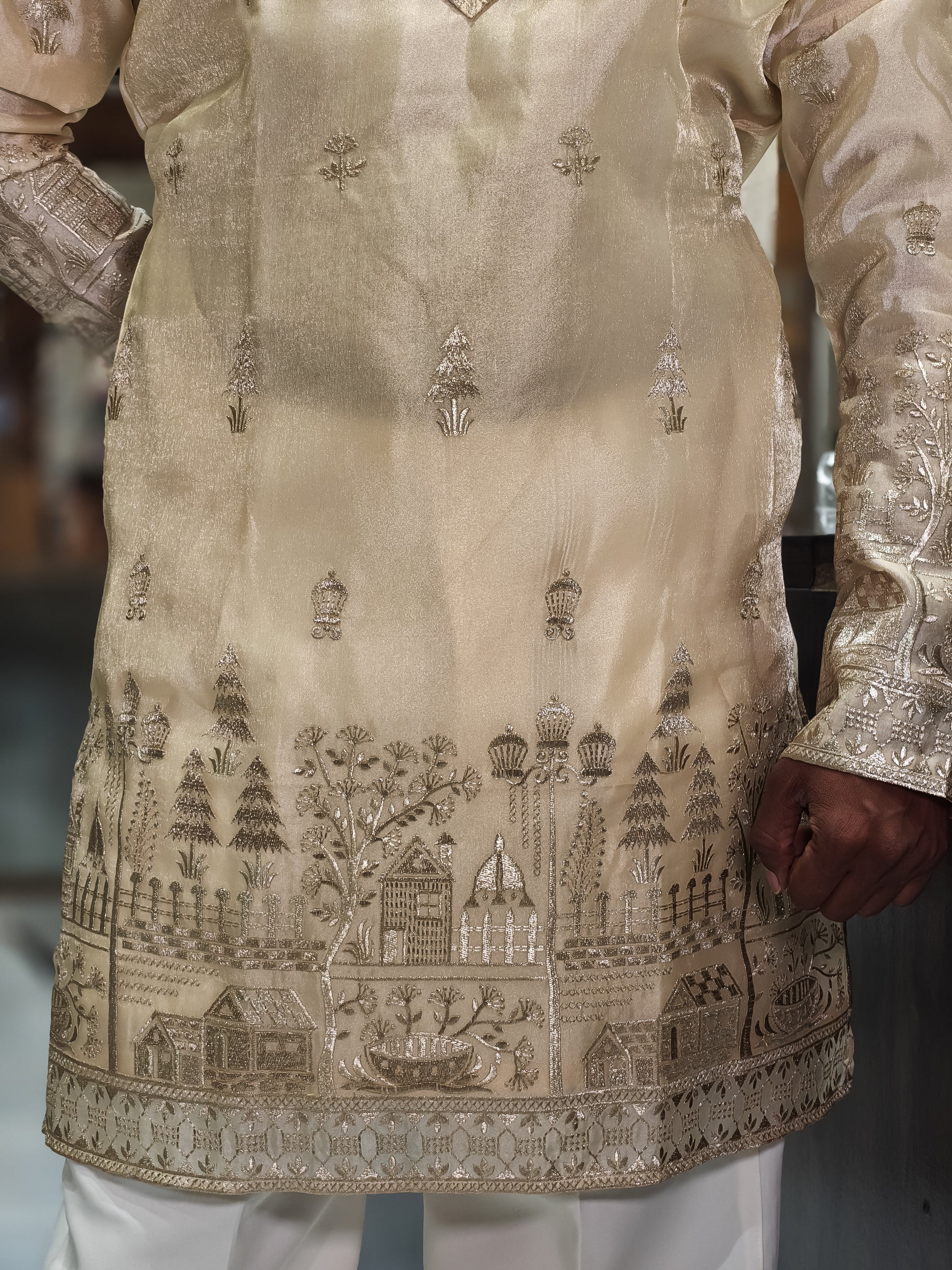 Cream Tissue Silk Heavy Embroidered Kurta for Men